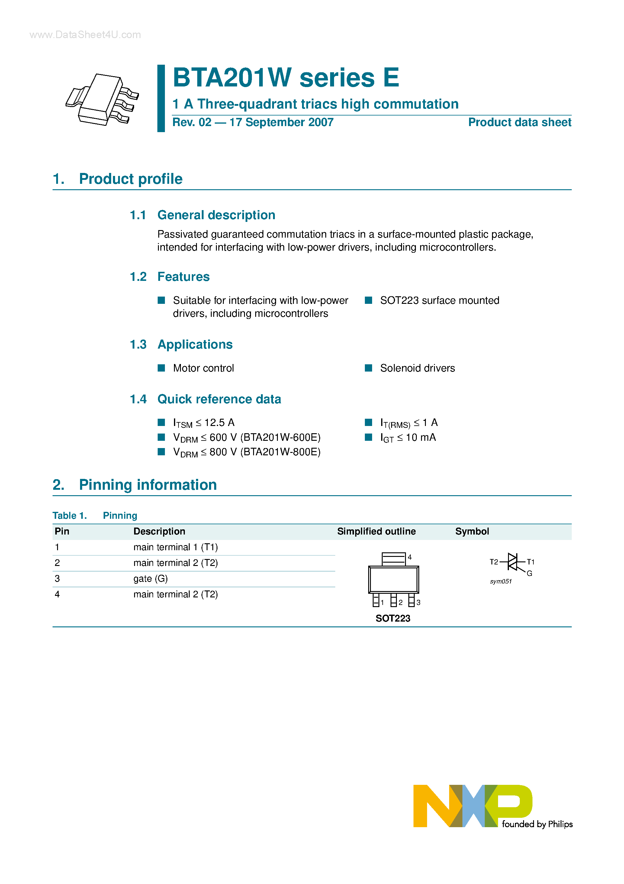 Даташит BTA201W - 1 A Three-quadrant triacs high commutation страница 1