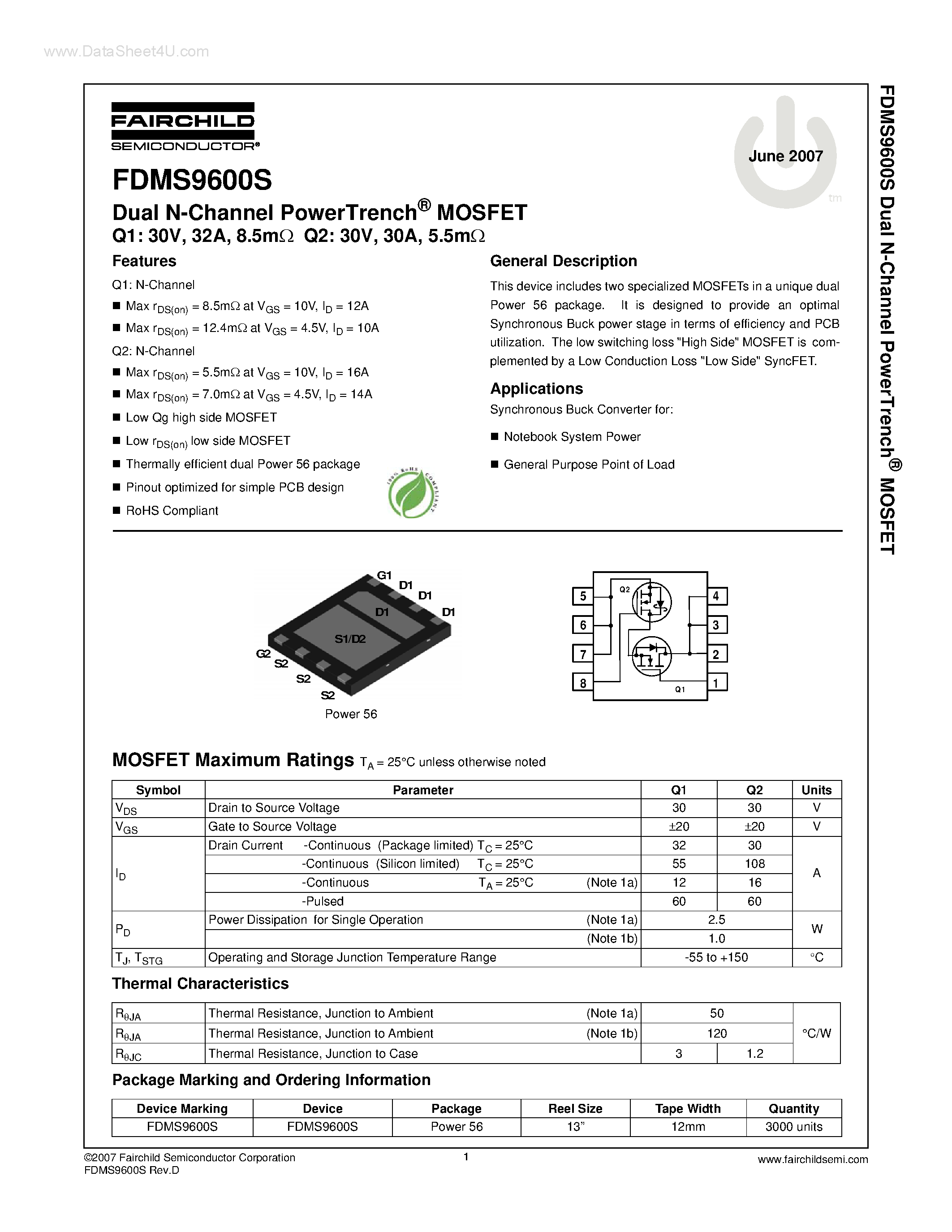 Datasheet FDMS9600S - Dual N-Channel PowerTrench MOSFET page 1