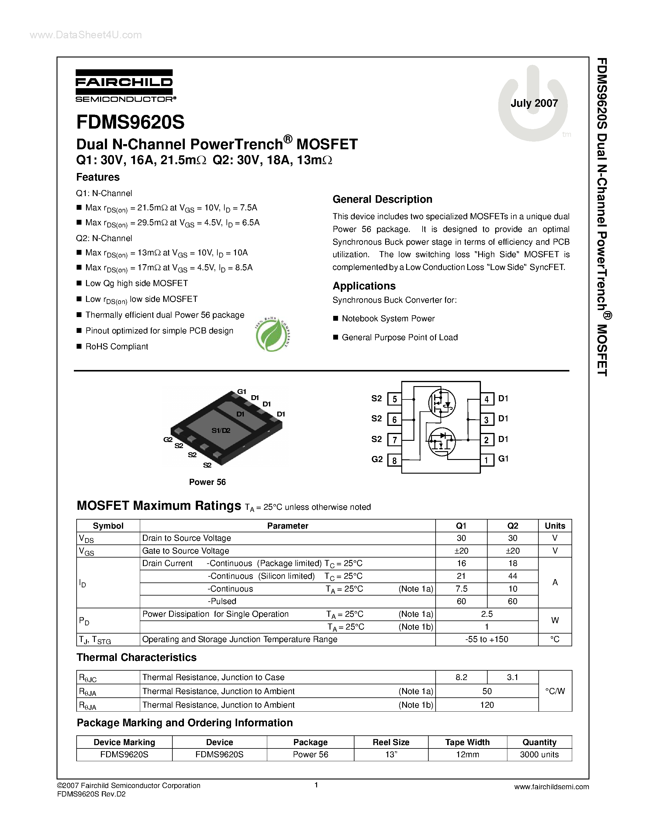 Datasheet FDMS9620S - 30V Dual N-Channel PowerTrench MOSFET page 1