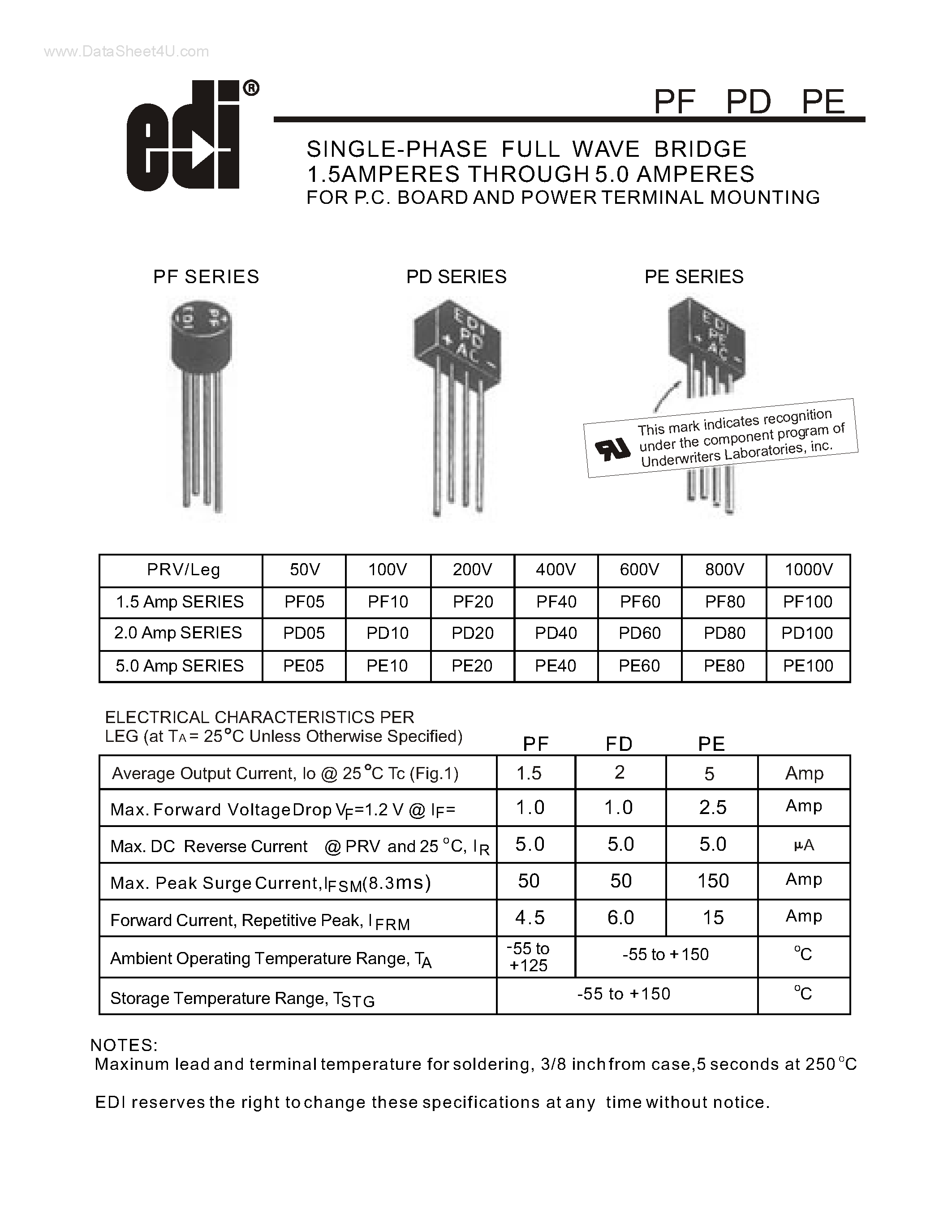 Datasheet PF10 - SINGLE-PHASE FULL WAVE BRIDGE 1.5AMPERES THROUGH 5.0 AMPERES page 1