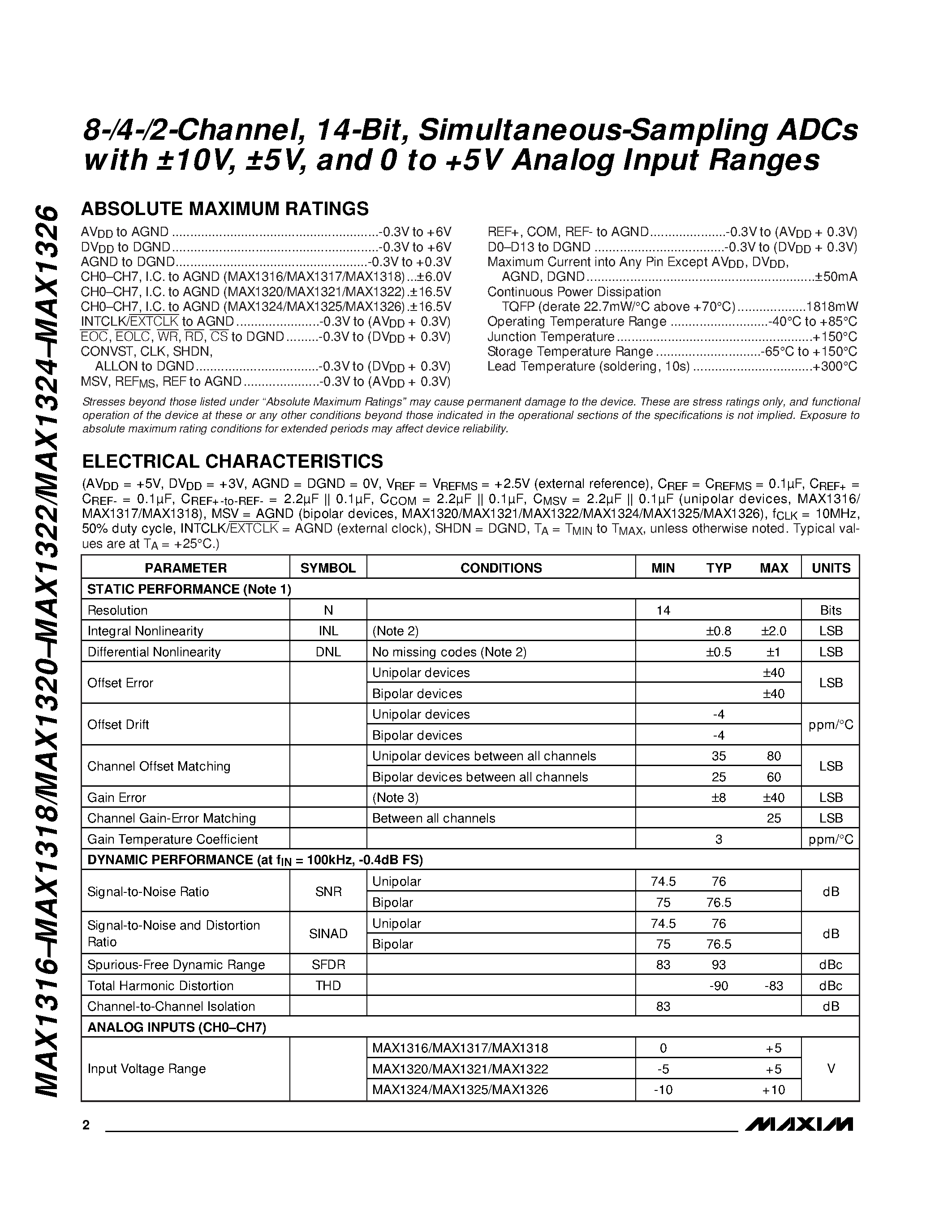 Datasheet MAX1316 - (MAX13xx) Simultaneous-Sampling ADCs page 2