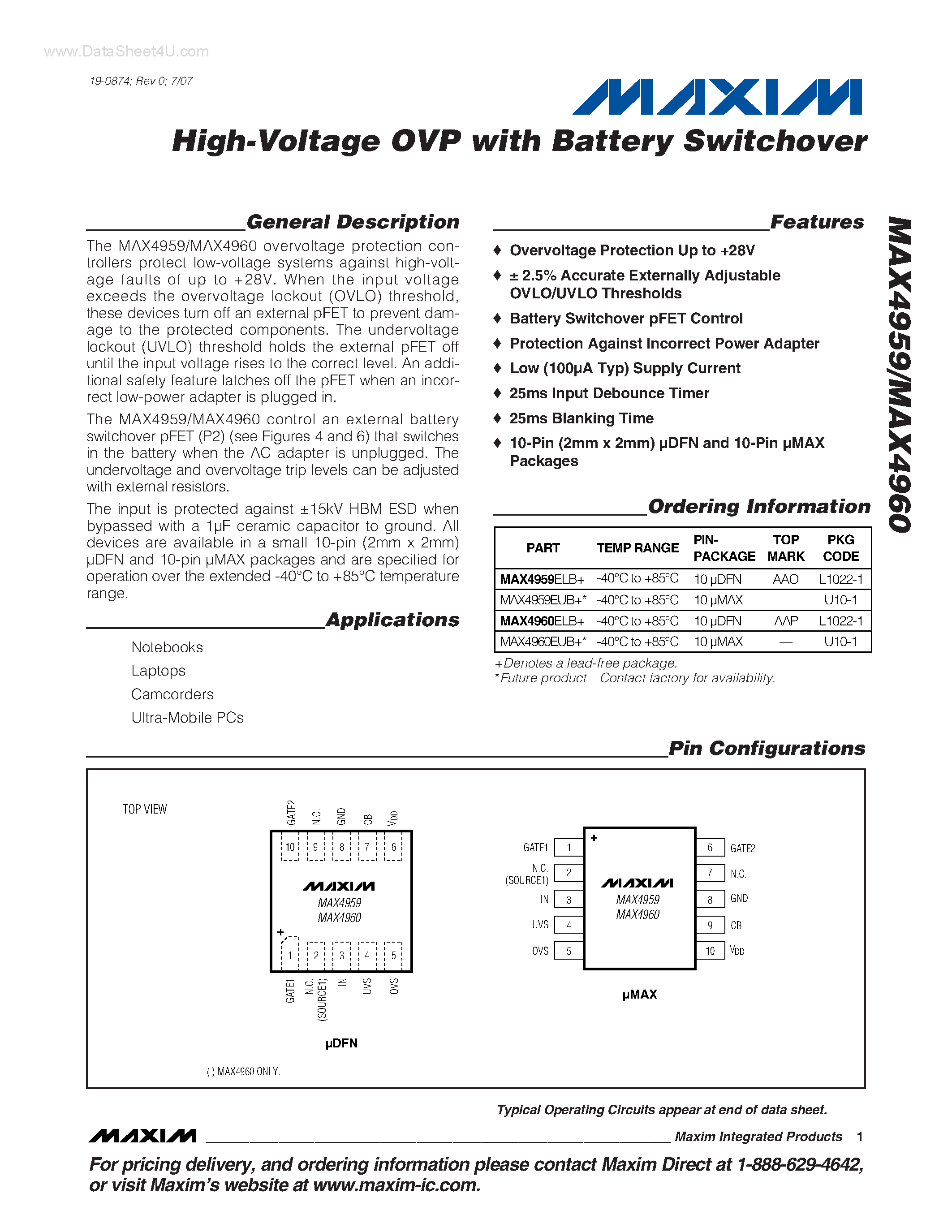 Datasheet MAX4959 - (MAX4959 / MAX4960) High-Voltage OVP with Battery Switchover page 1