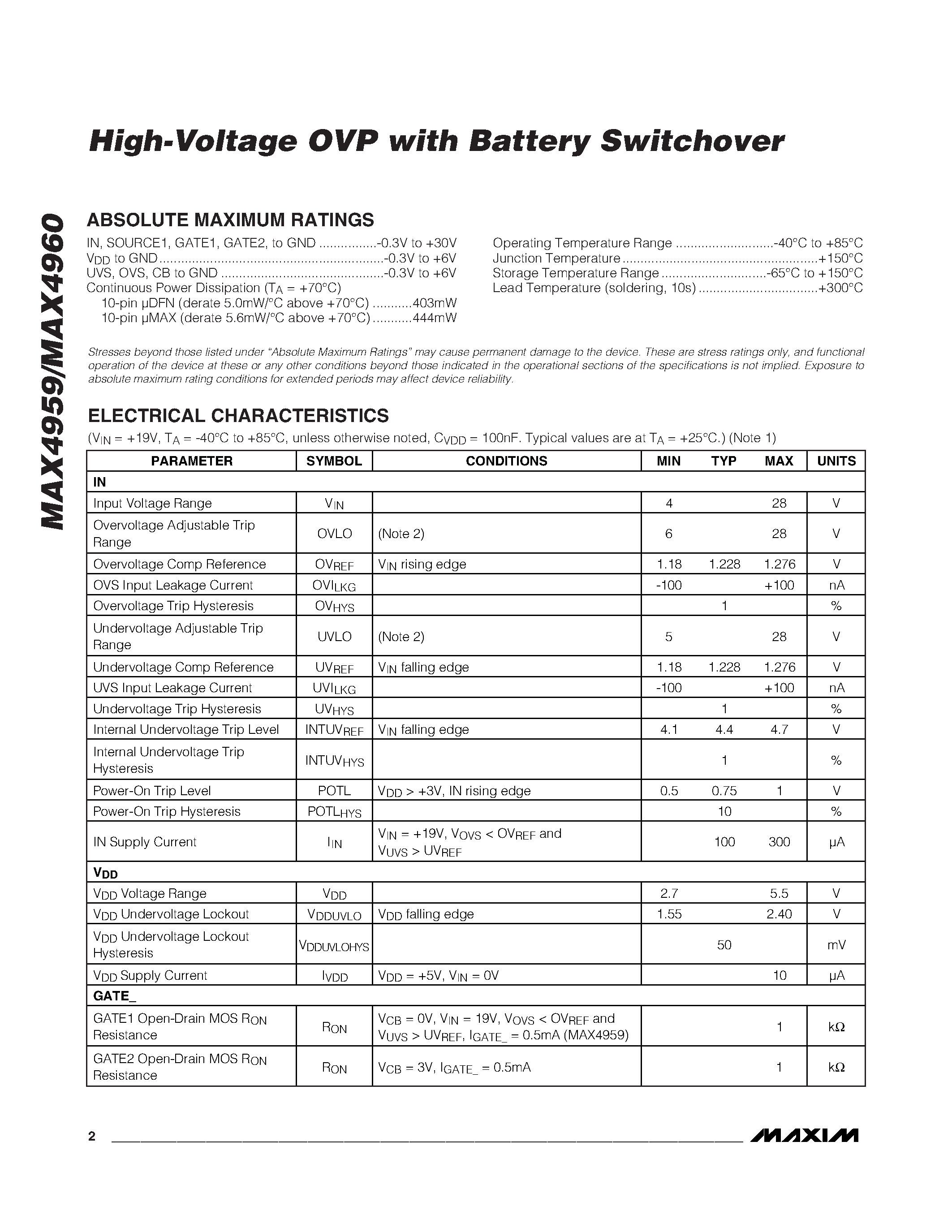Datasheet MAX4959 - (MAX4959 / MAX4960) High-Voltage OVP with Battery Switchover page 2