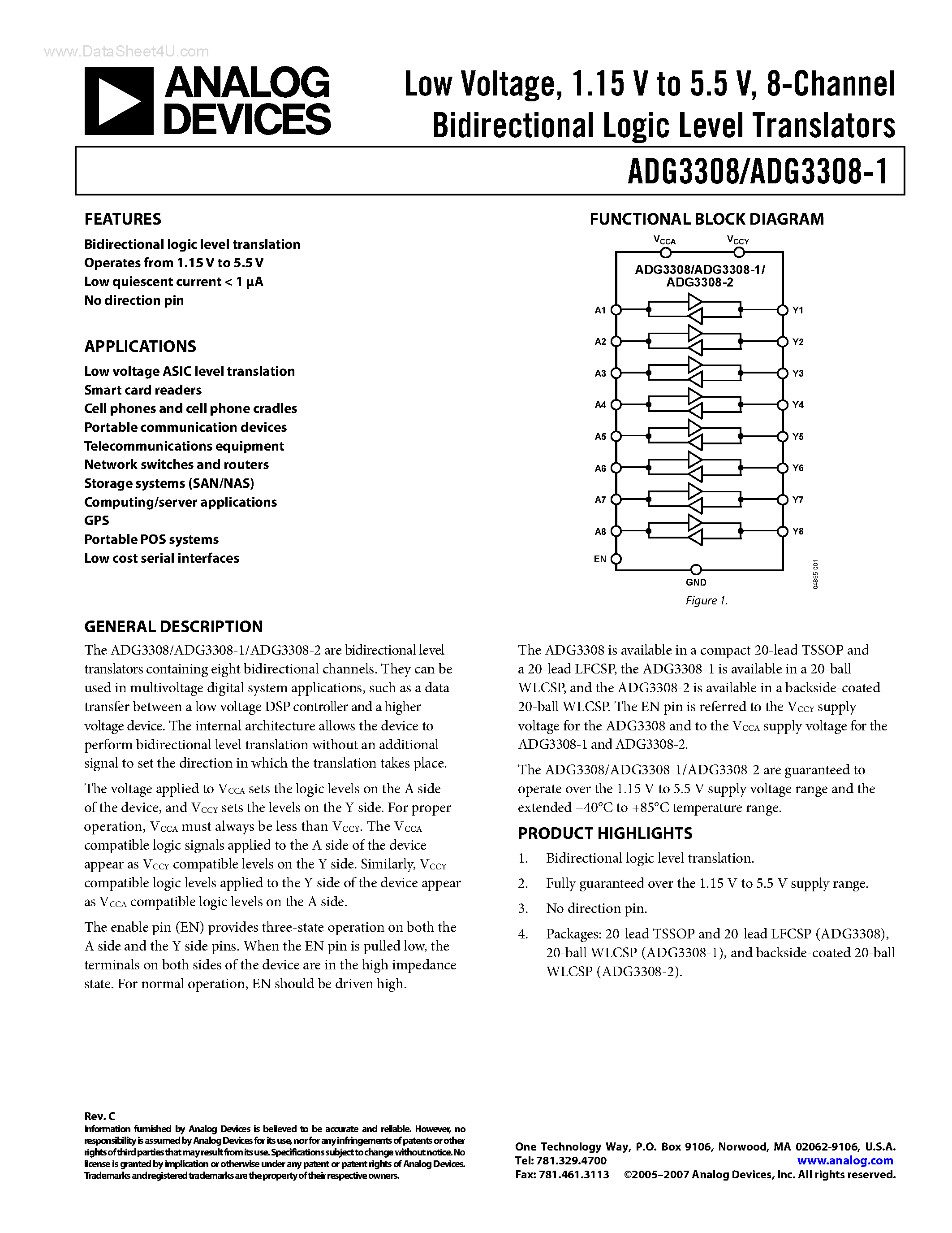 Даташит ADG3308-1 - 8-Channel Bidirectional Logic Level Translators страница 1