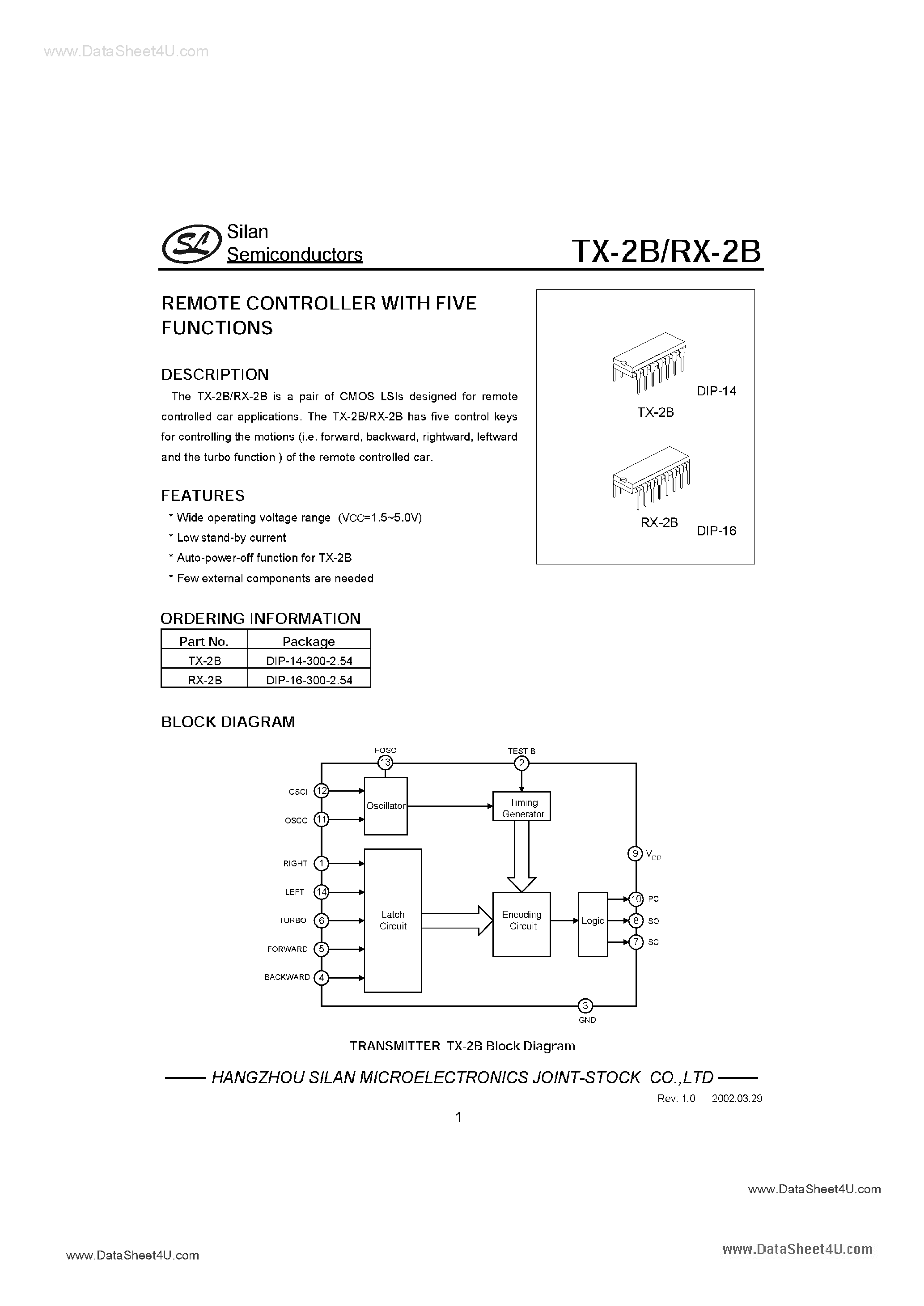 Даташит на микросхему RX2B страница 1 Даташит RX2B - remote controller страница 1