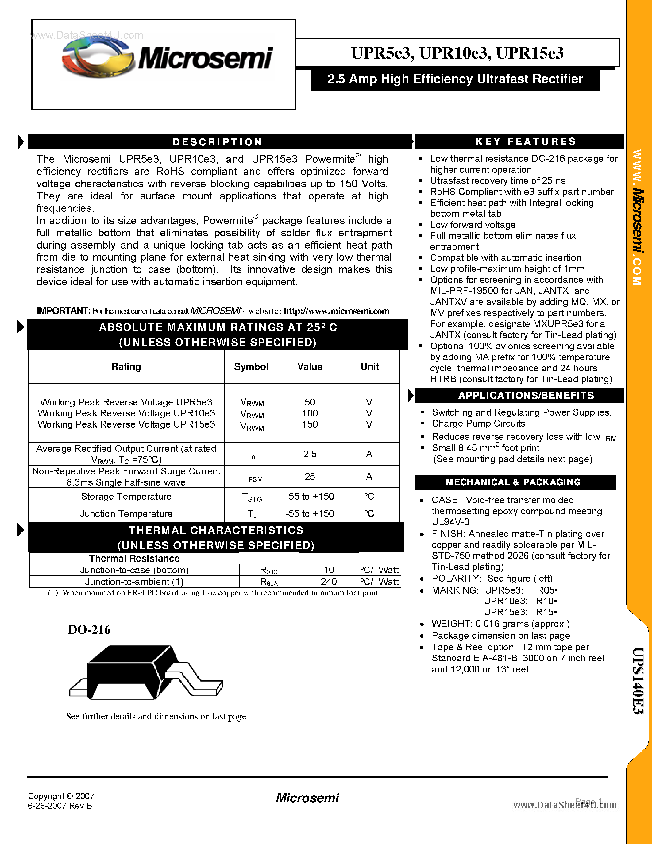 Datasheet UPR10E3 page 1 Datasheet UPR10E3 - (UPR5E3 - UPR15E3) 2.5A High Efficiency Ultrafast Recifier page 1