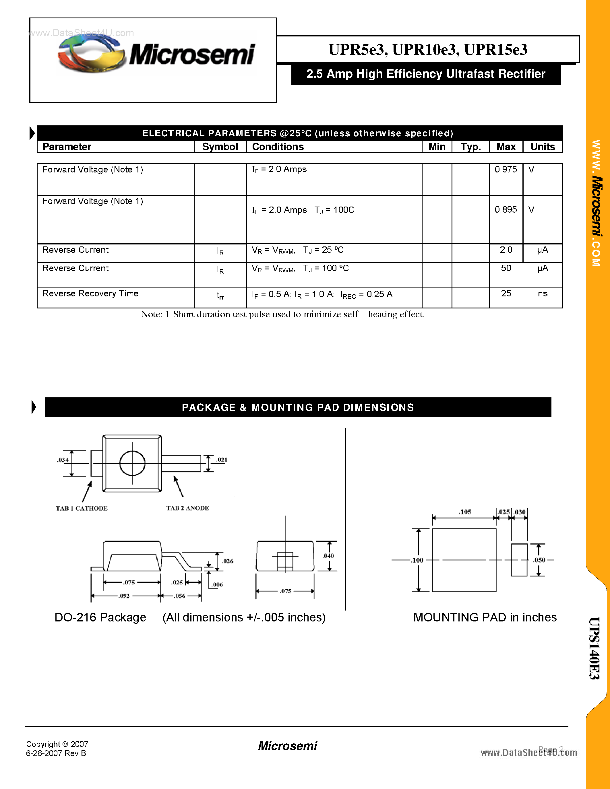 Datasheet UPR10E3 page 2 Datasheet UPR10E3 - (UPR5E3 - UPR15E3) 2.5A High Efficiency Ultrafast Recifier page 2