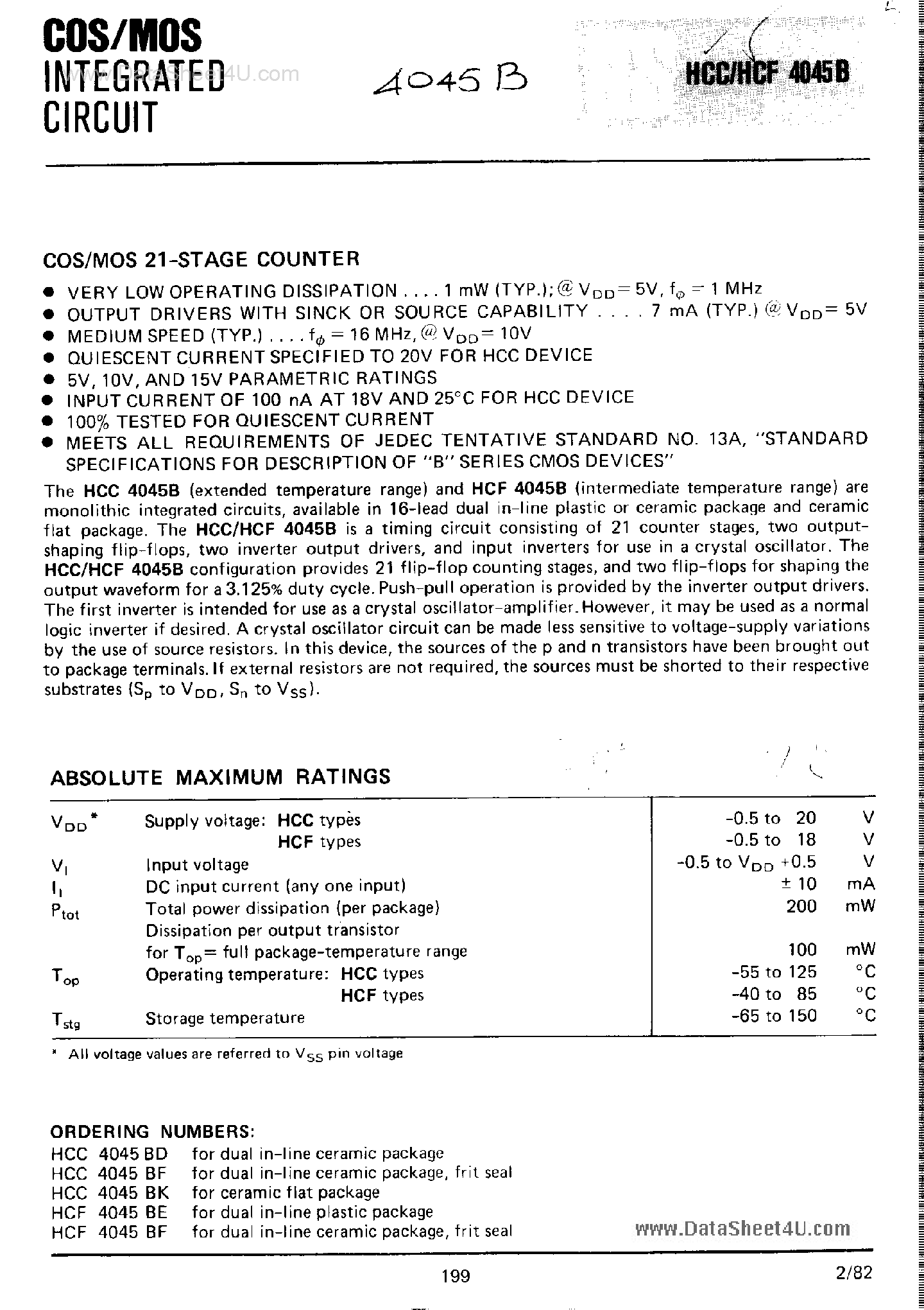 Datasheet HCF4045B page 1 Datasheet HCF4045B - COS/MOS 21-State Counter page 1