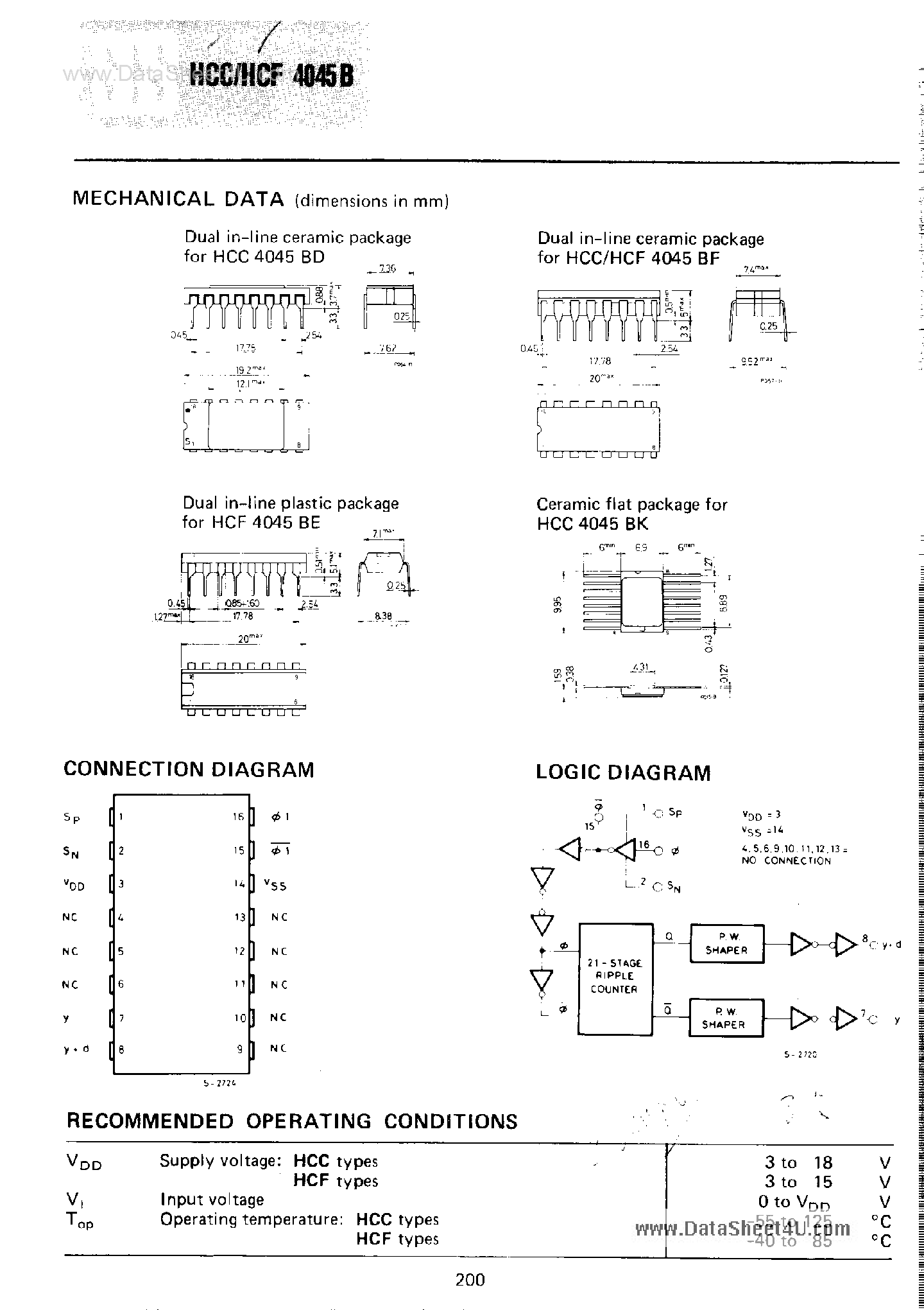 Datasheet HCF4045B page 2 Datasheet HCF4045B - COS/MOS 21-State Counter page 2