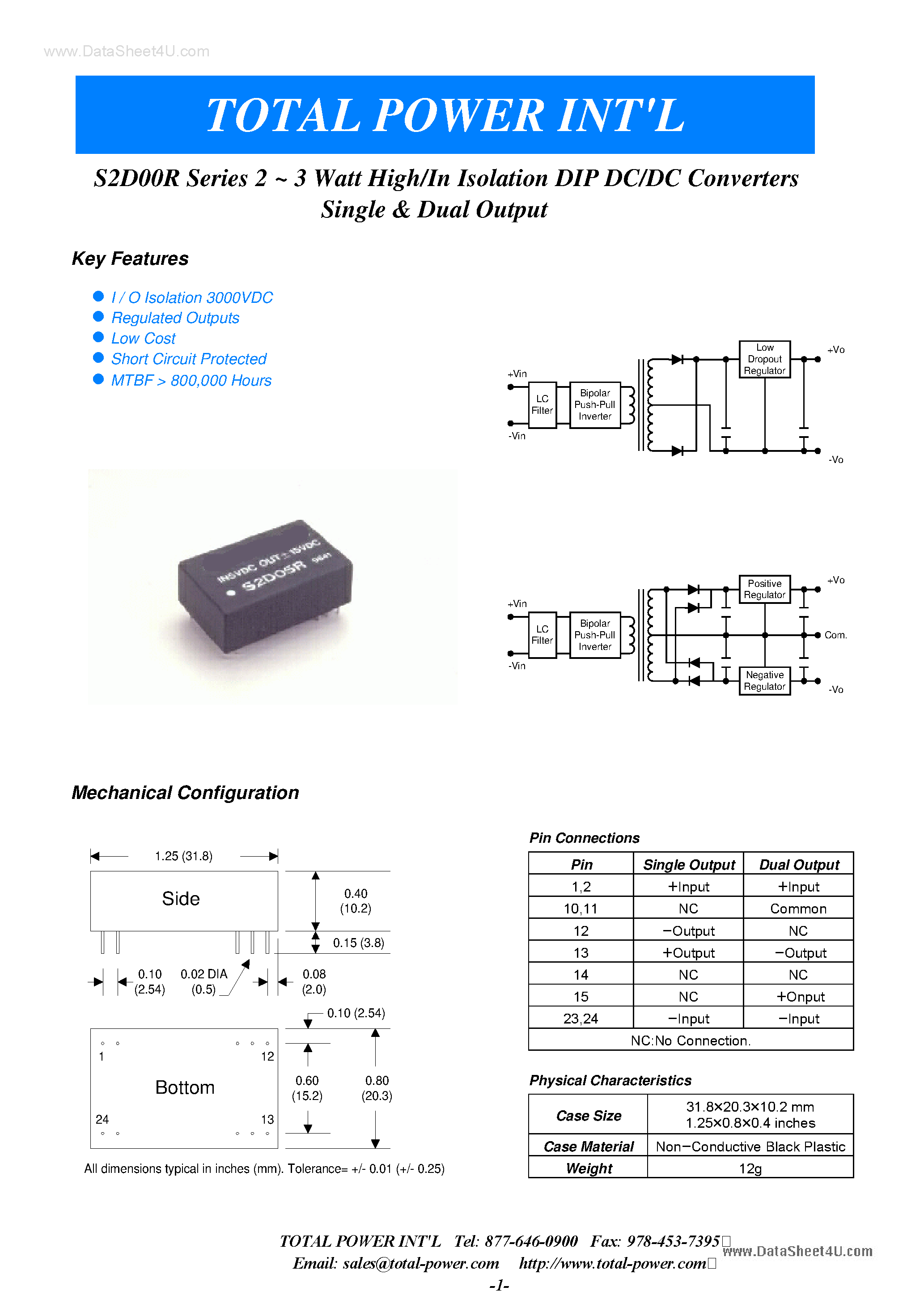 Datasheet S2D00R - (S2D00R Series) 2 - 3 WATT HIGH / IN ISOLATION DIP DC/DC CONVERTERS SINGLE AND DUAL OUTPUT page 1