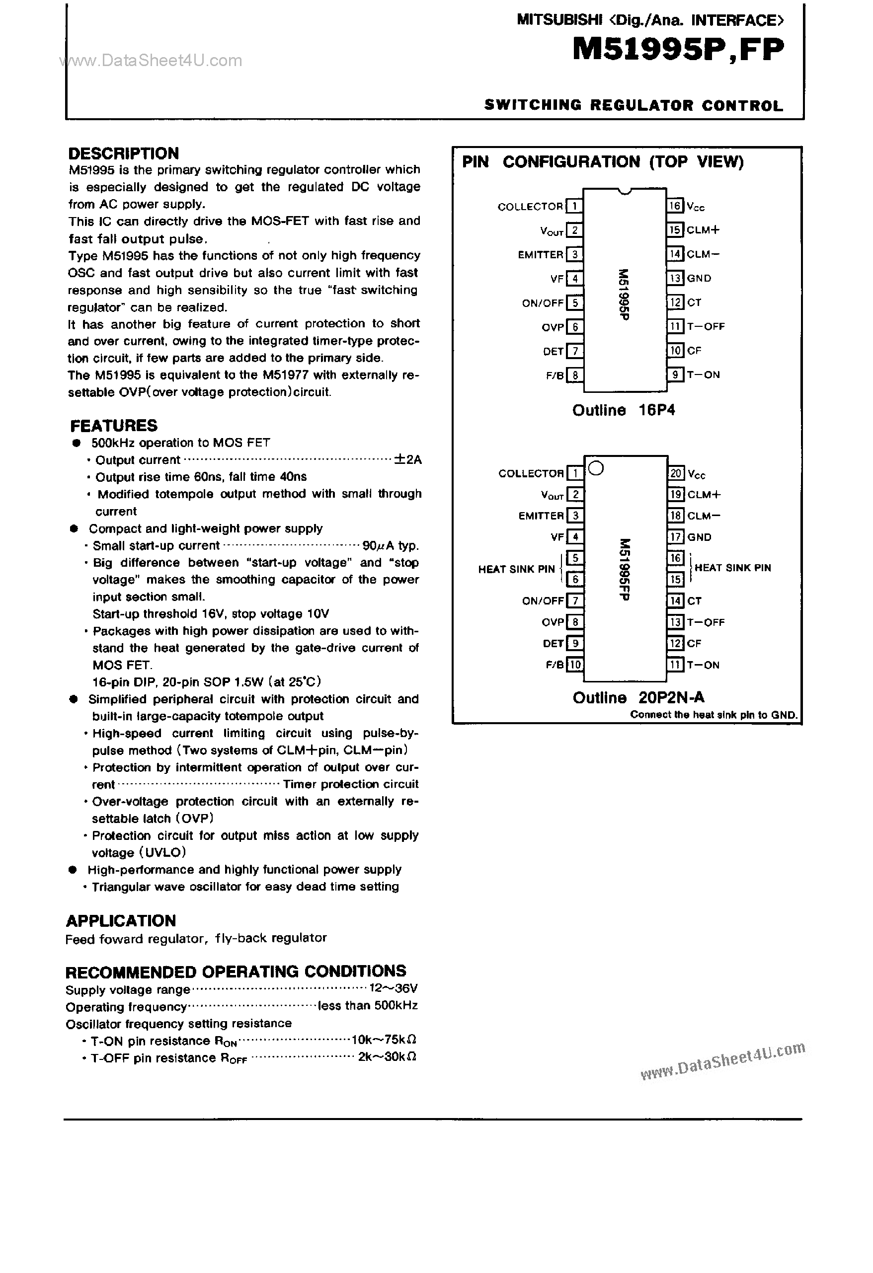 Datasheet M51995FP page 1 Datasheet M51995FP - Switching Regulator Control page 1