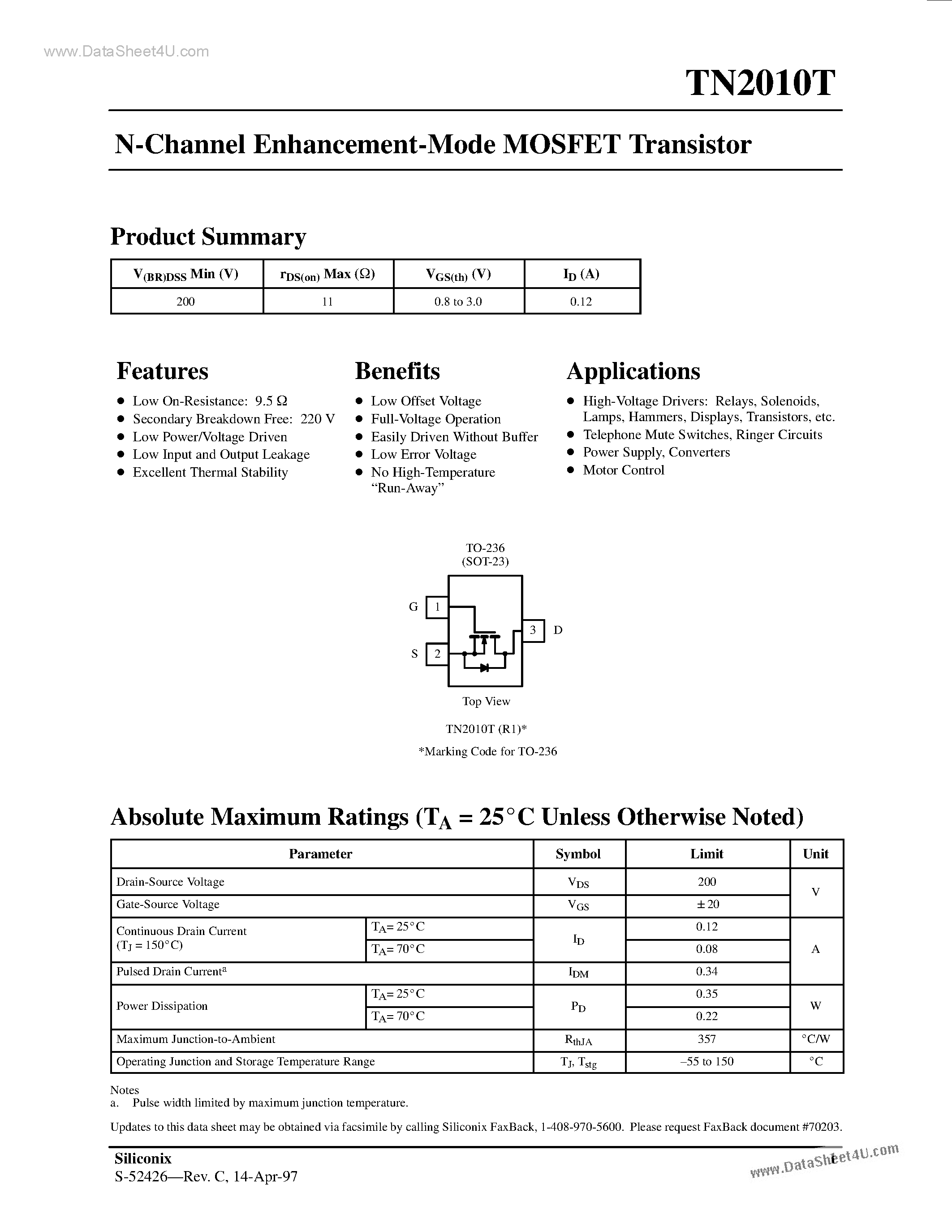 Datasheet TN2010T - N-Channel Enhancement-Mode MOSFET Transistor page 1