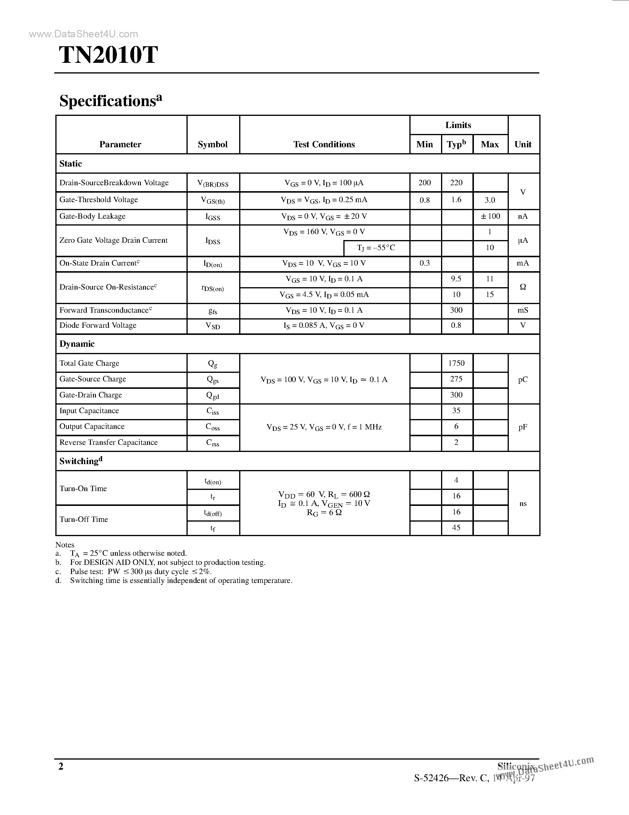 Datasheet TN2010T - N-Channel Enhancement-Mode MOSFET Transistor page 2