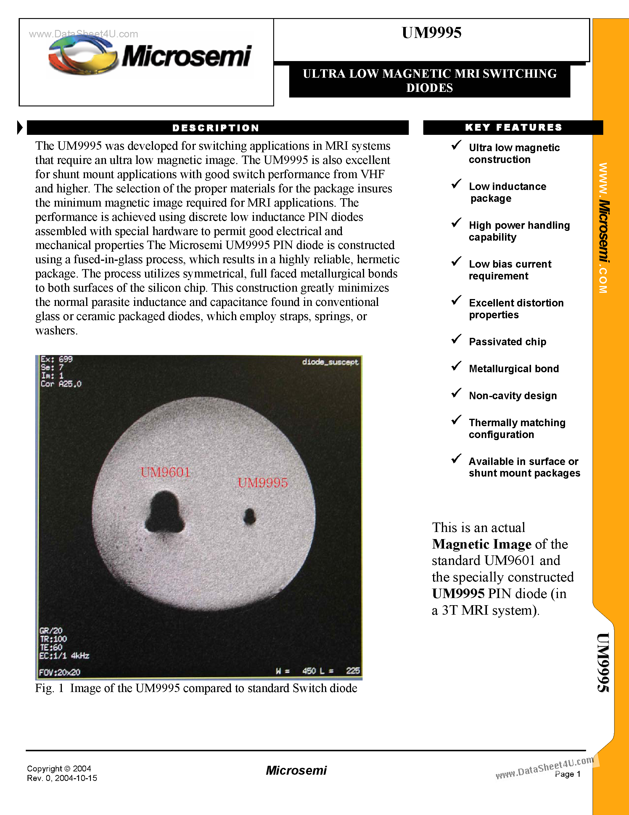 Datasheet UM9995 - ULTRA LOW MAGNETIC MRI SWITCHING DIODES page 1