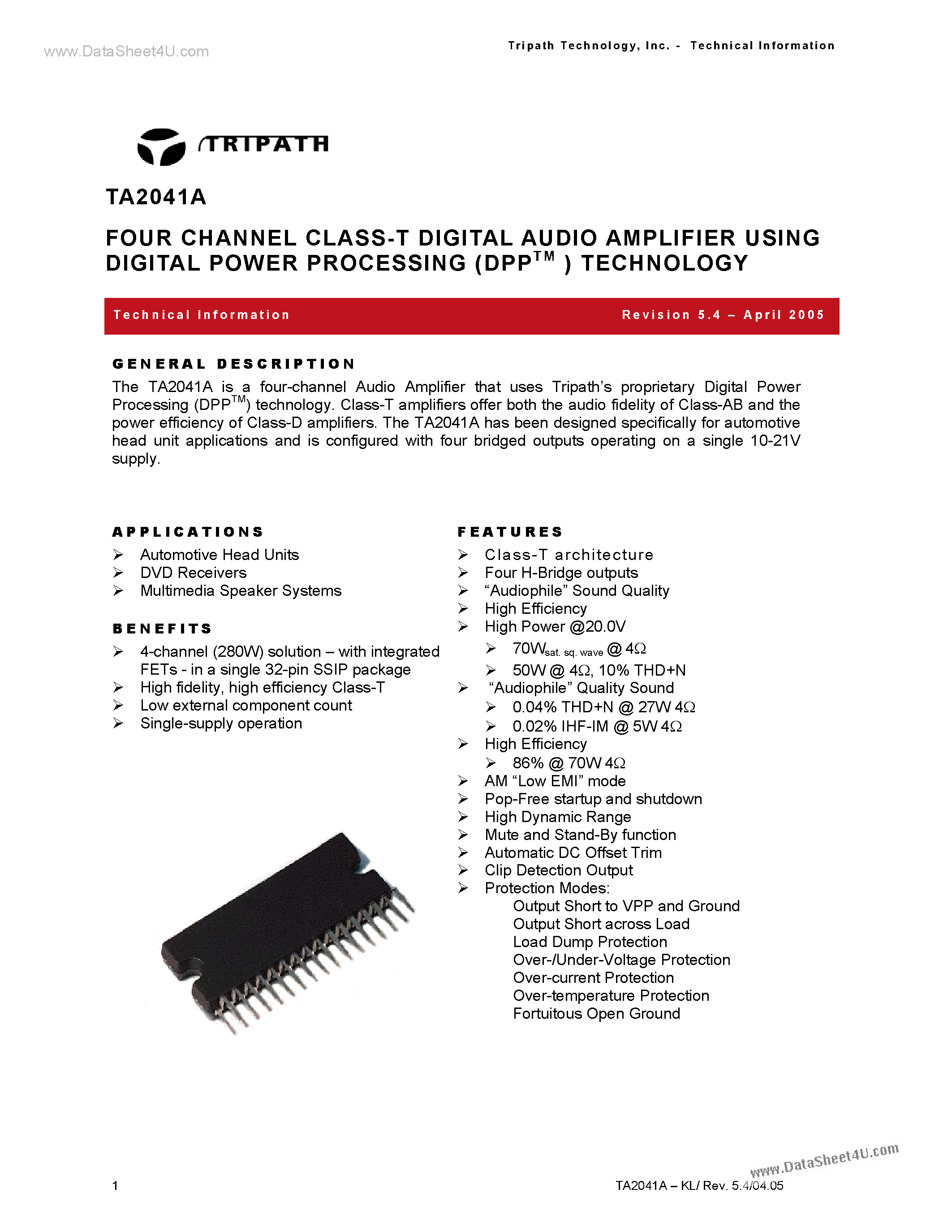 Datasheet TA2041A - FOUR CHANNEL CLASS-T DIGITAL AUDIO AMPLIFIER USING DIGITAL POWER PROCESSING page 1