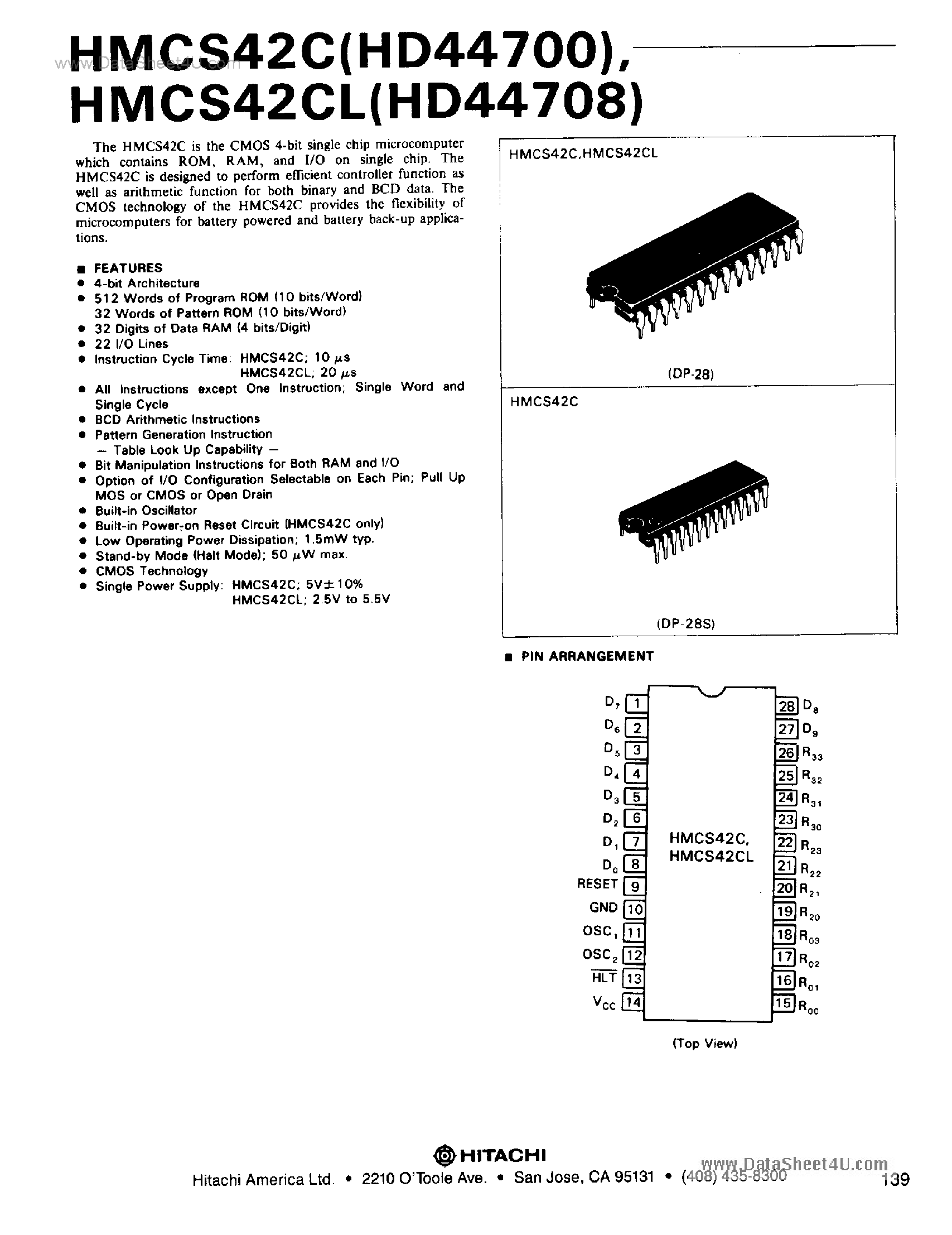 Datasheet HD44700 page 1 Datasheet HD44700 - (HD44700 / HD44708) CMOS 4-Bit Microcomputer page 1