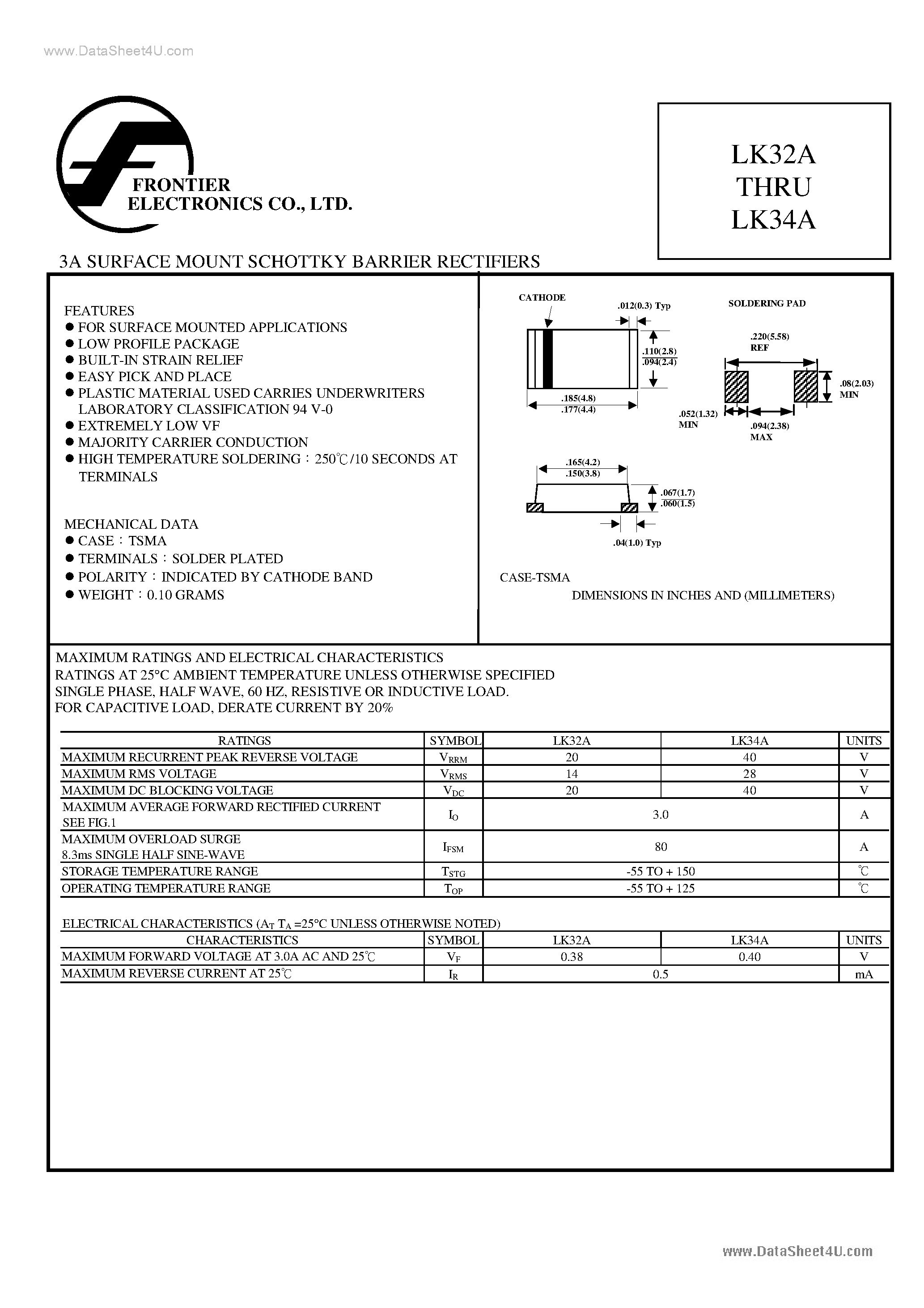 Datasheet LK32A - (LK32A - LK34A) 3A SURFACE MOUNT SCHOTTKY BARRIER RECTIFIERS page 1