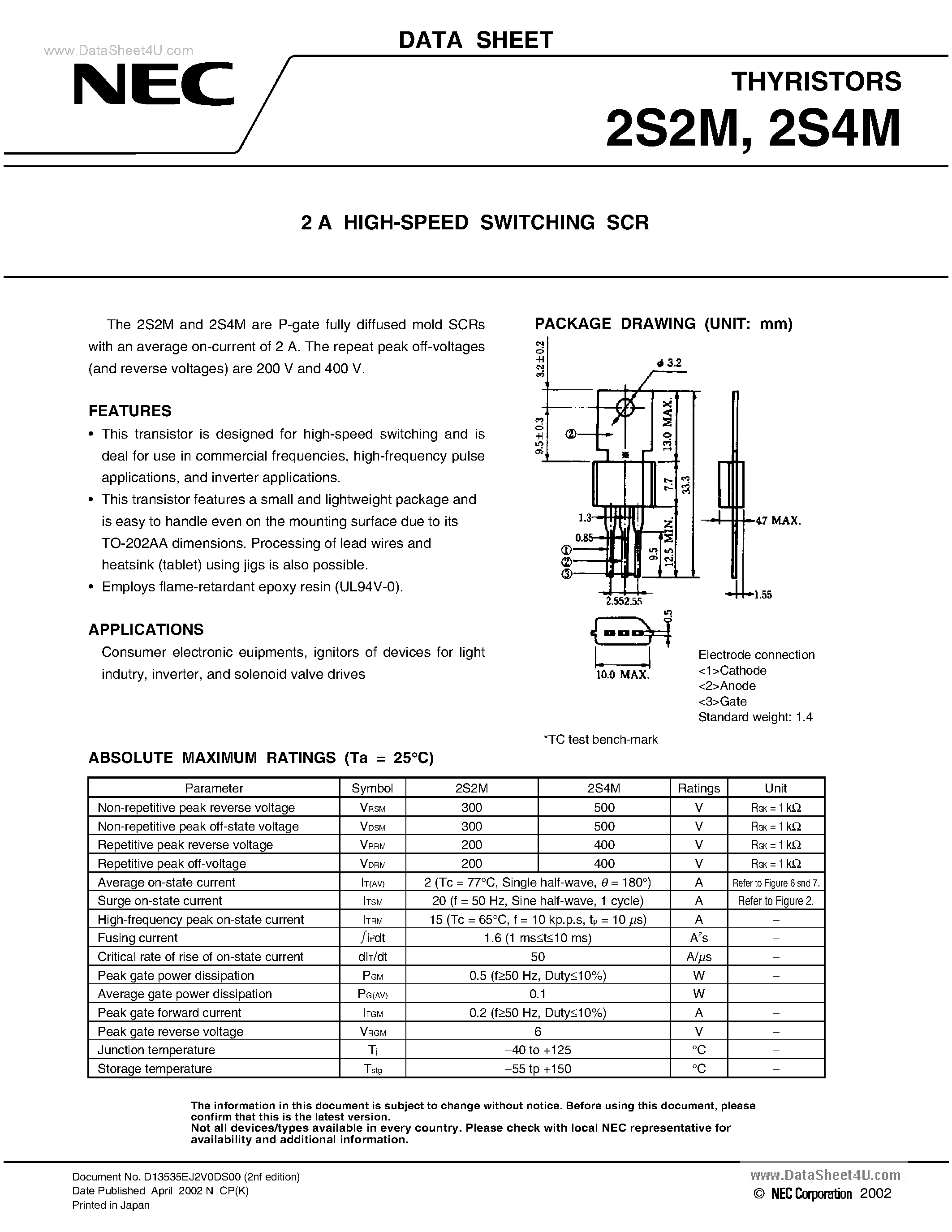 Datasheet 2S4M - THYRISTORS 2 A HIGH-SPEED SWITCHING SCR page 1