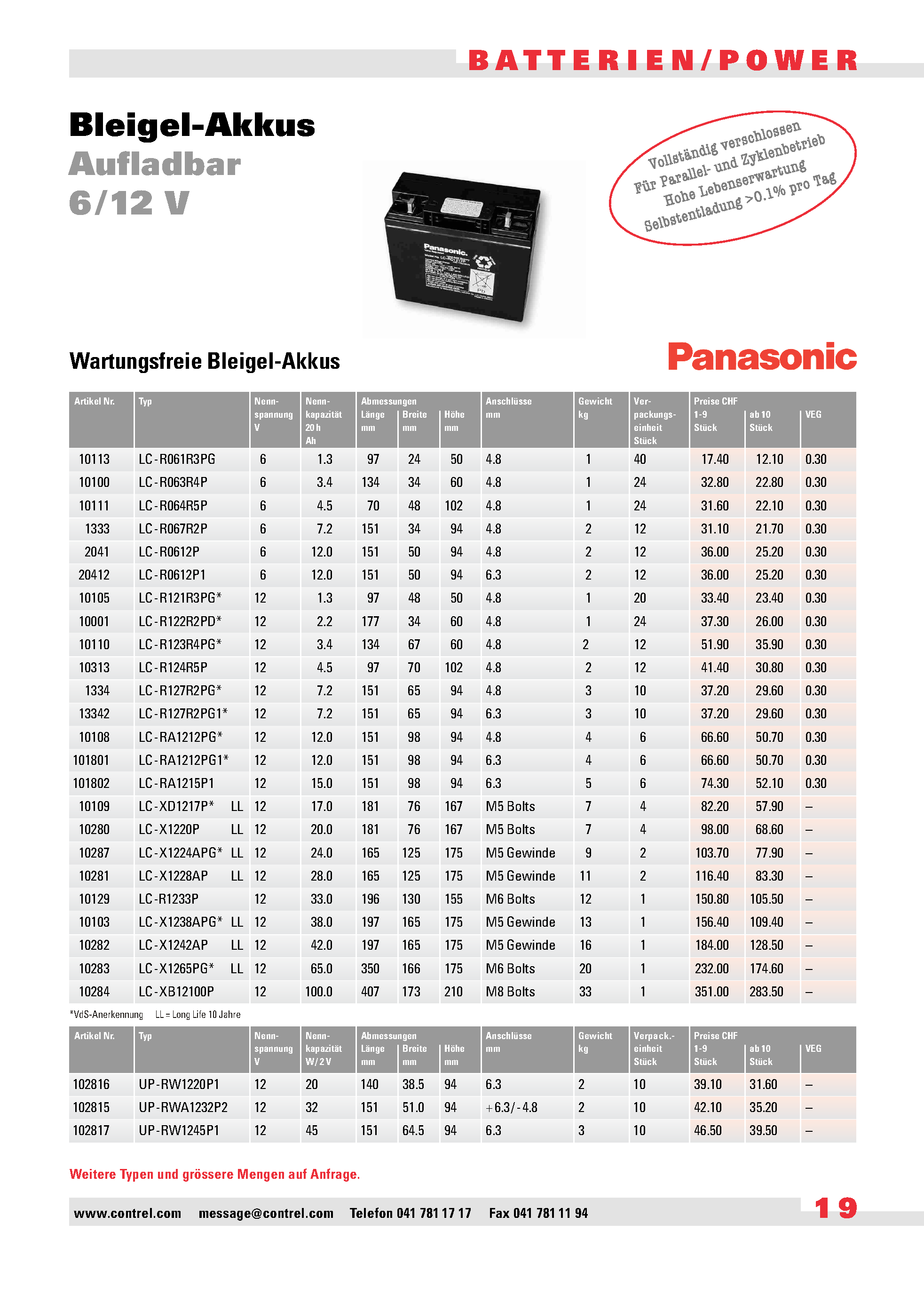 Datasheet UP-RWA1232P2 - Batteries page 1