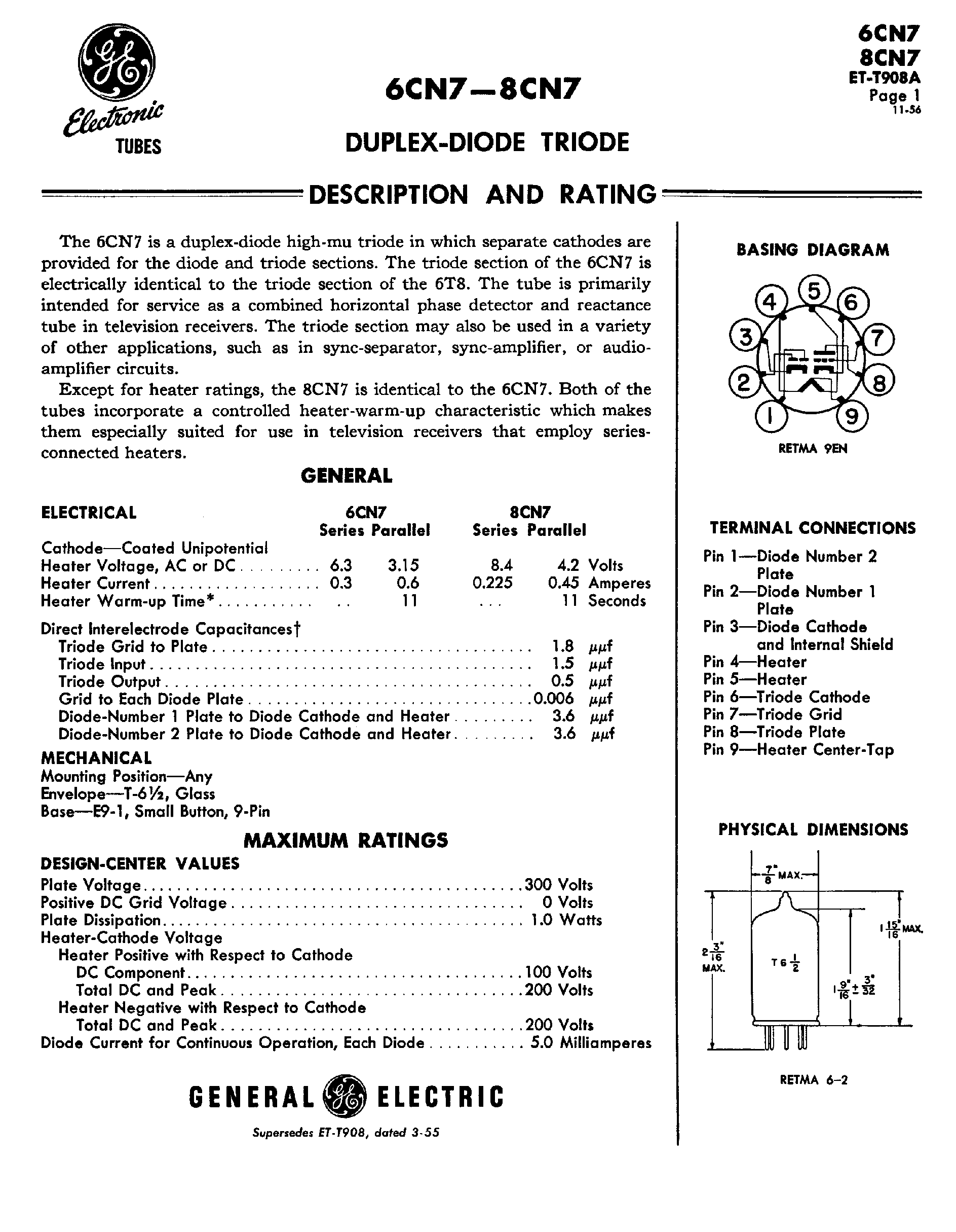 Datasheet 6CN7 page 1 Datasheet 6CN7 - DUPLEX-DIODE TRIODE page 1