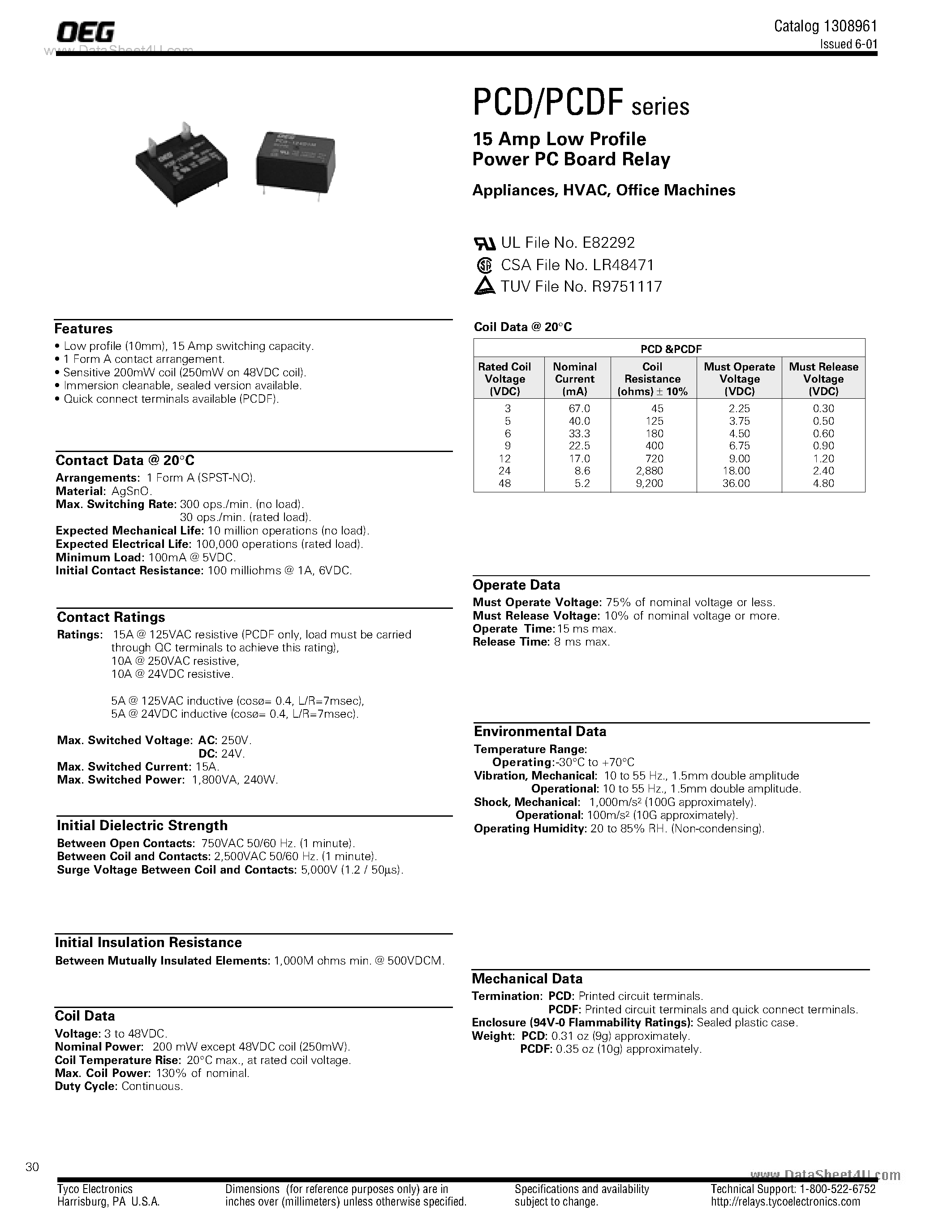 Datasheet PCD103D1xx - (PCD Series) 15A Low Profile Power PC Board Relay page 1