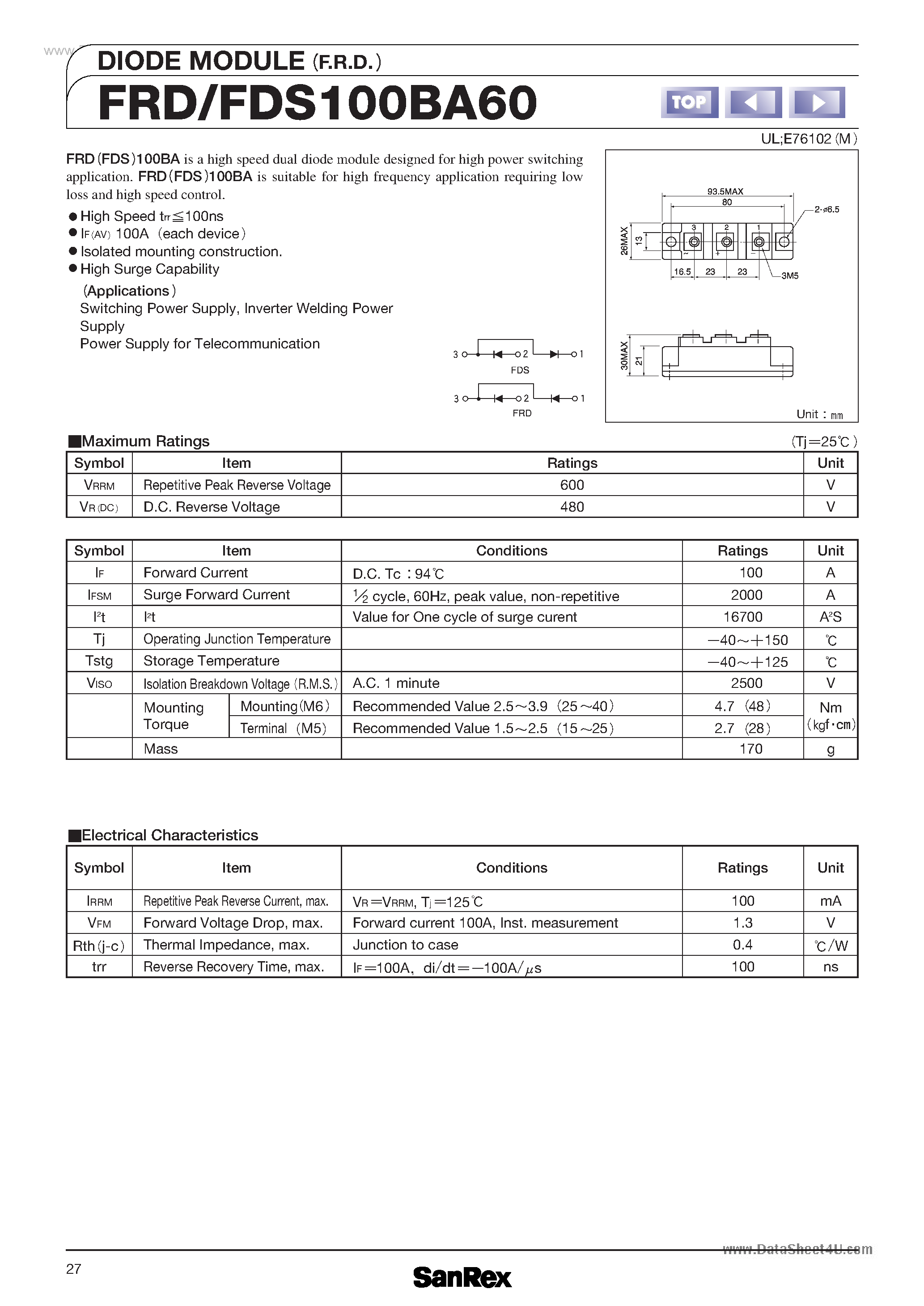 Datasheet FDS100BA60 page 1 Datasheet FDS100BA60 - DIODE MODULE page 1