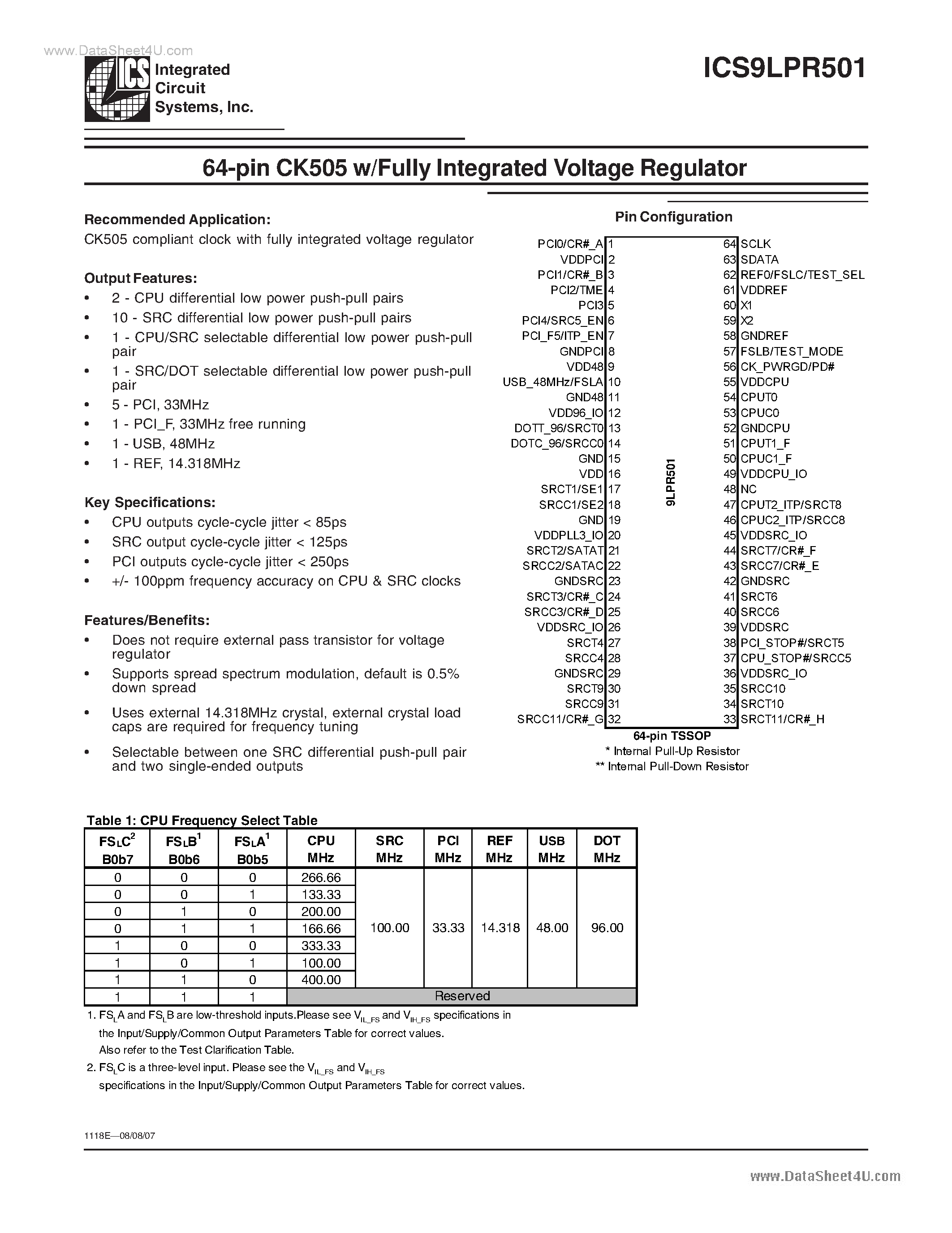 Datasheet ICS9LPR501 - 64-pin CK505 w/Fully Integrated Voltage Regulator page 1