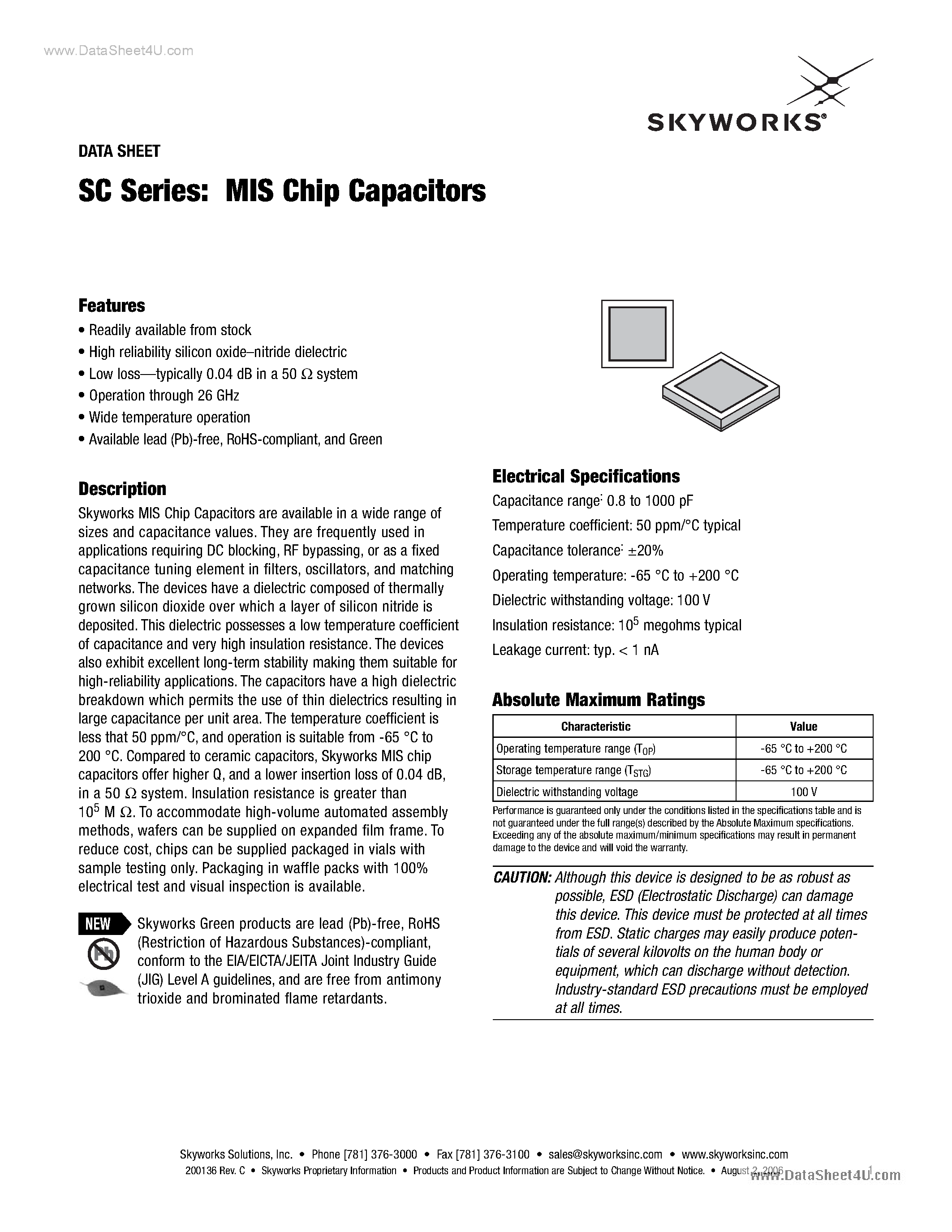 Datasheet SC02201518 - MIS Chip Capacitors page 1