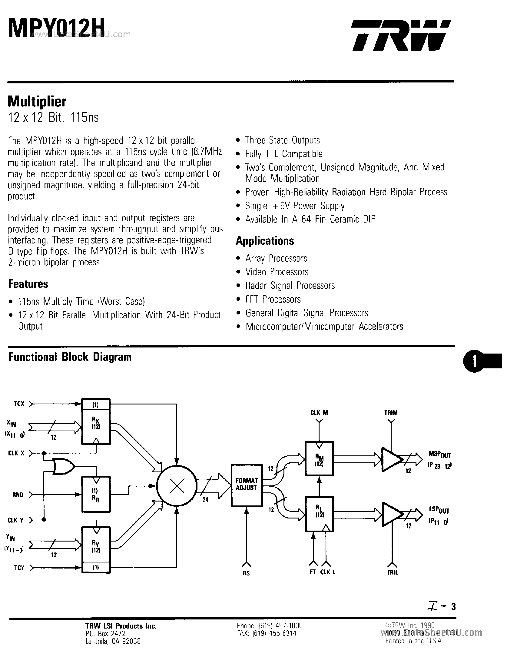 Datasheet MPY012H - 12 X 12 Bit Multiplier page 1