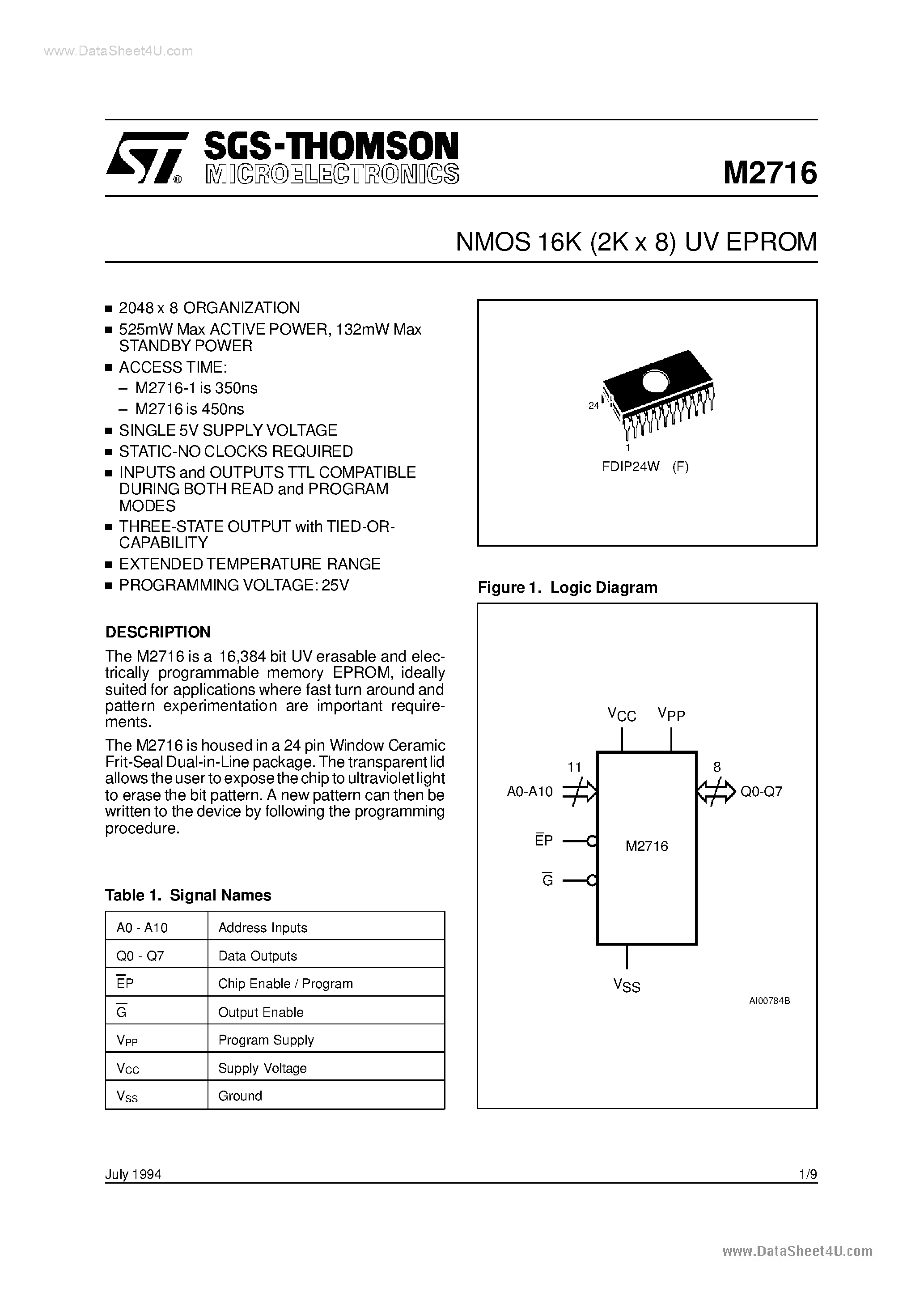 Datasheet 2716 - NMOS 128K 16K x 8 UV EPROM page 1