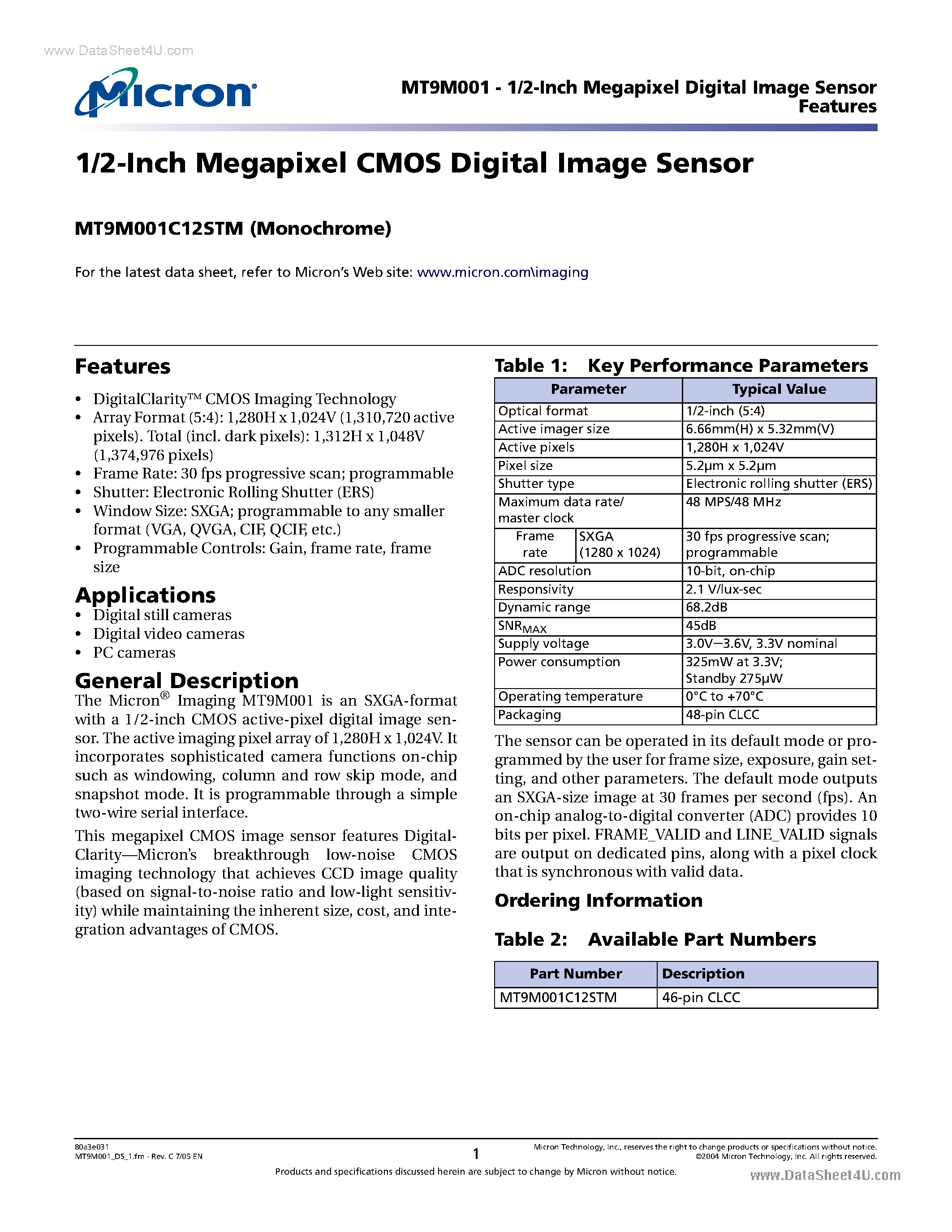 Datasheet MT9M001 - 1/2-Inch Megapixel CMOS Digital Image Sensor page 1