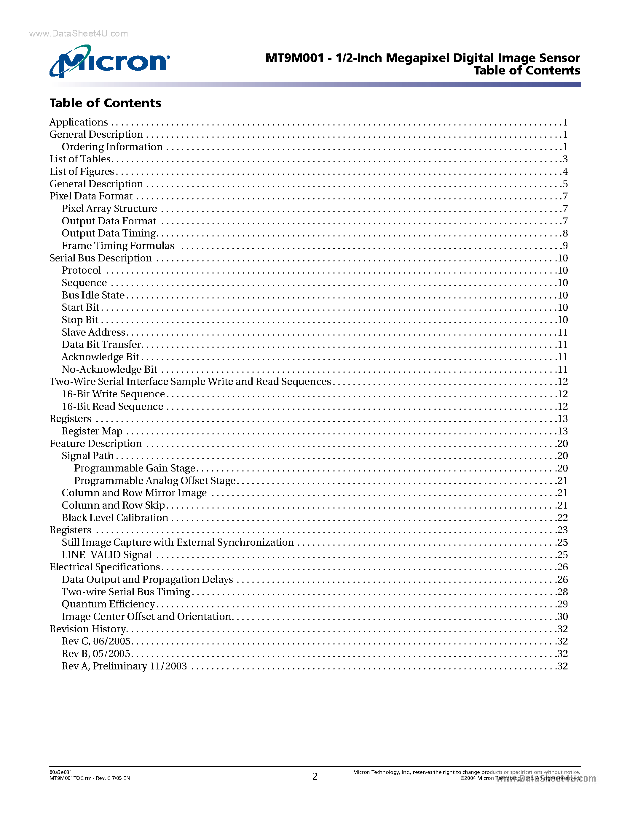 Datasheet MT9M001 - 1/2-Inch Megapixel CMOS Digital Image Sensor page 2
