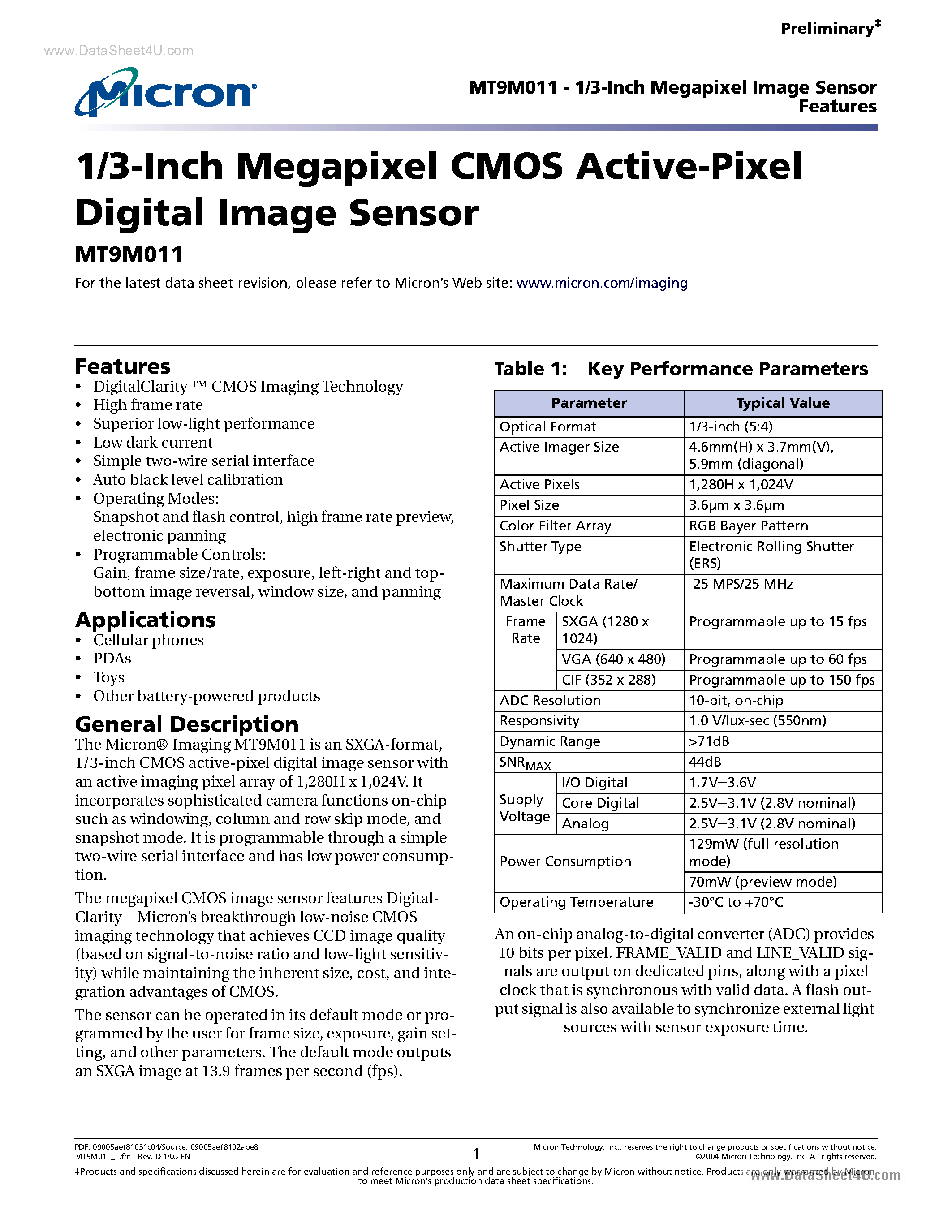 Даташит MT9M011 - 1/3-Inch Megapixel CMOS Active-Pixel Digital Image Sensor страница 1