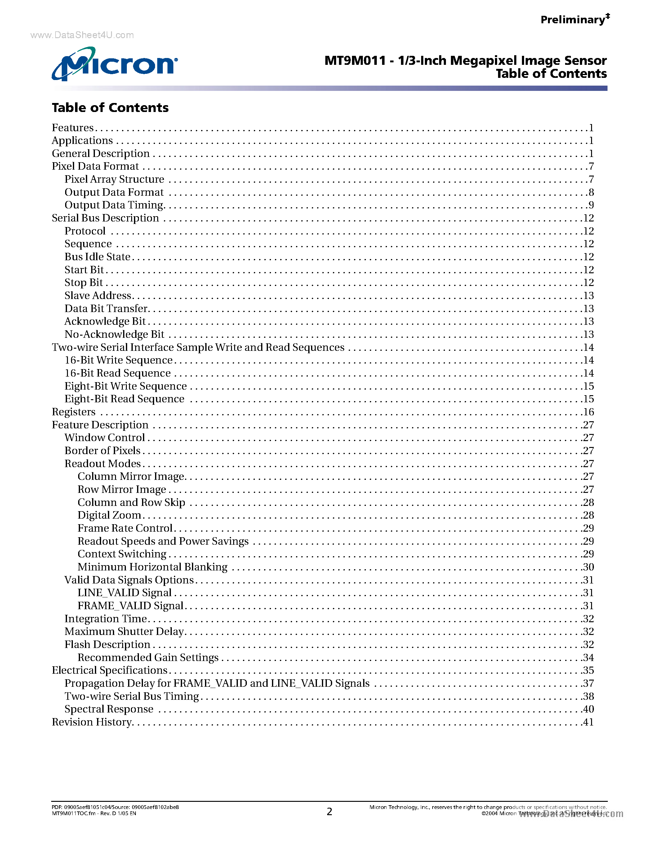 Даташит MT9M011 - 1/3-Inch Megapixel CMOS Active-Pixel Digital Image Sensor страница 2