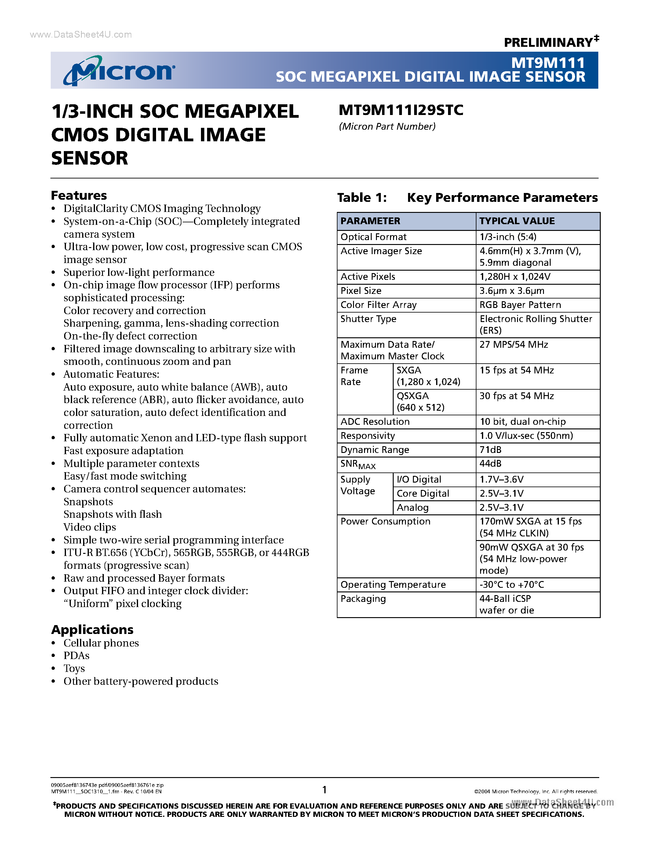 Datasheet MT9M111 - 1/3-INCH SOC MEGAPIXEL CMOS DIGITAL IMAGE SENSOR page 1