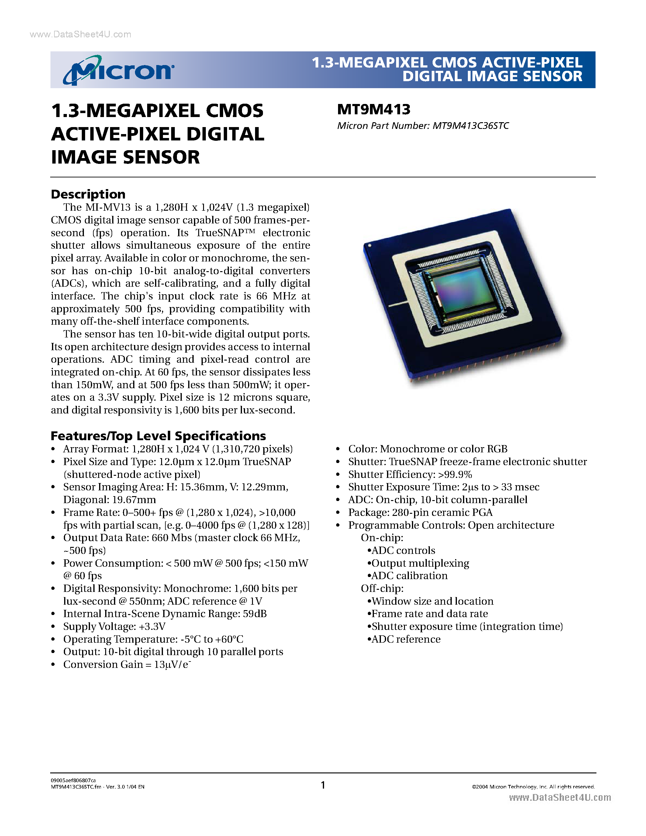 Даташит MT9M413 - 1.3-MEGAPIXEL CMOS ACTIVE-PIXEL DIGITAL IMAGE SENSOR страница 1