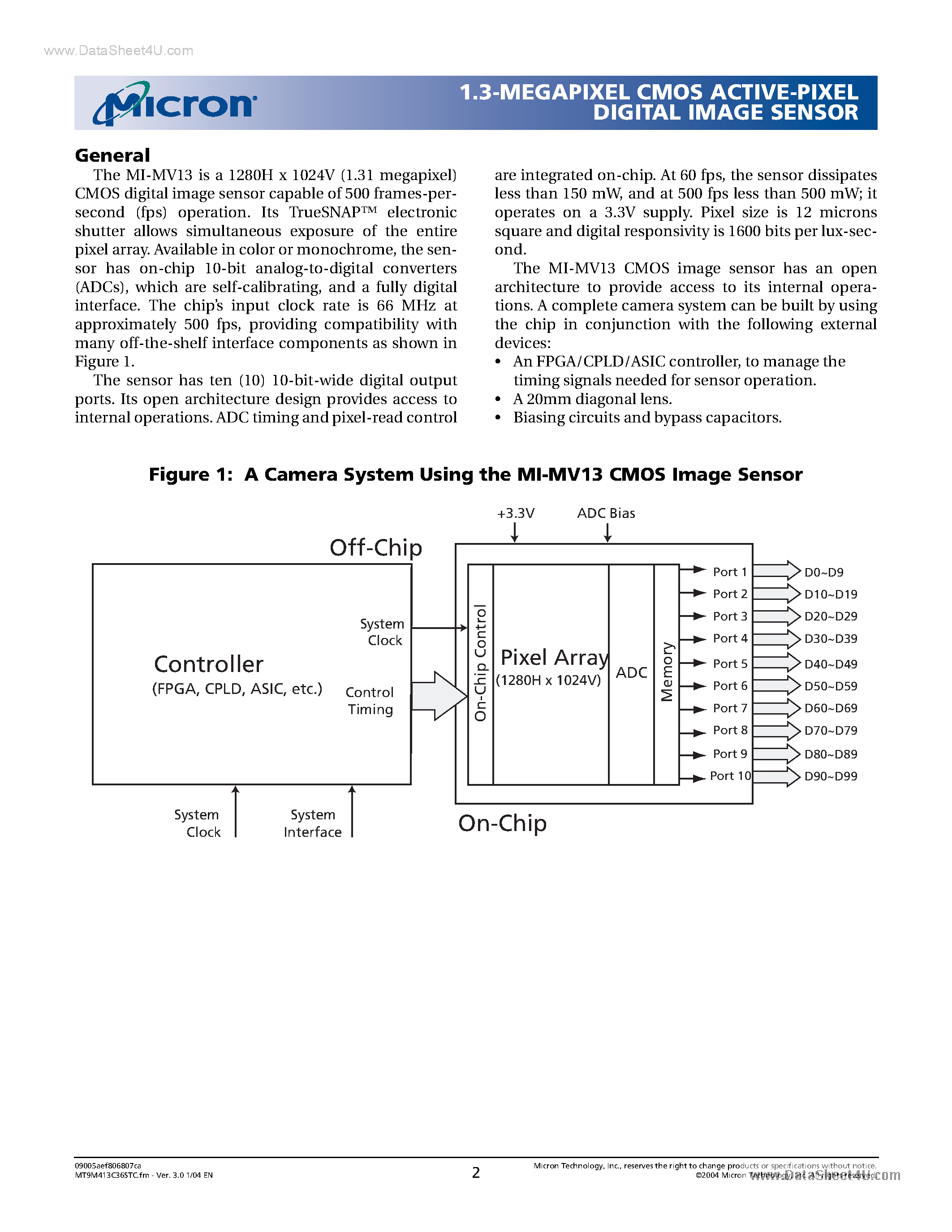 Даташит MT9M413 - 1.3-MEGAPIXEL CMOS ACTIVE-PIXEL DIGITAL IMAGE SENSOR страница 2