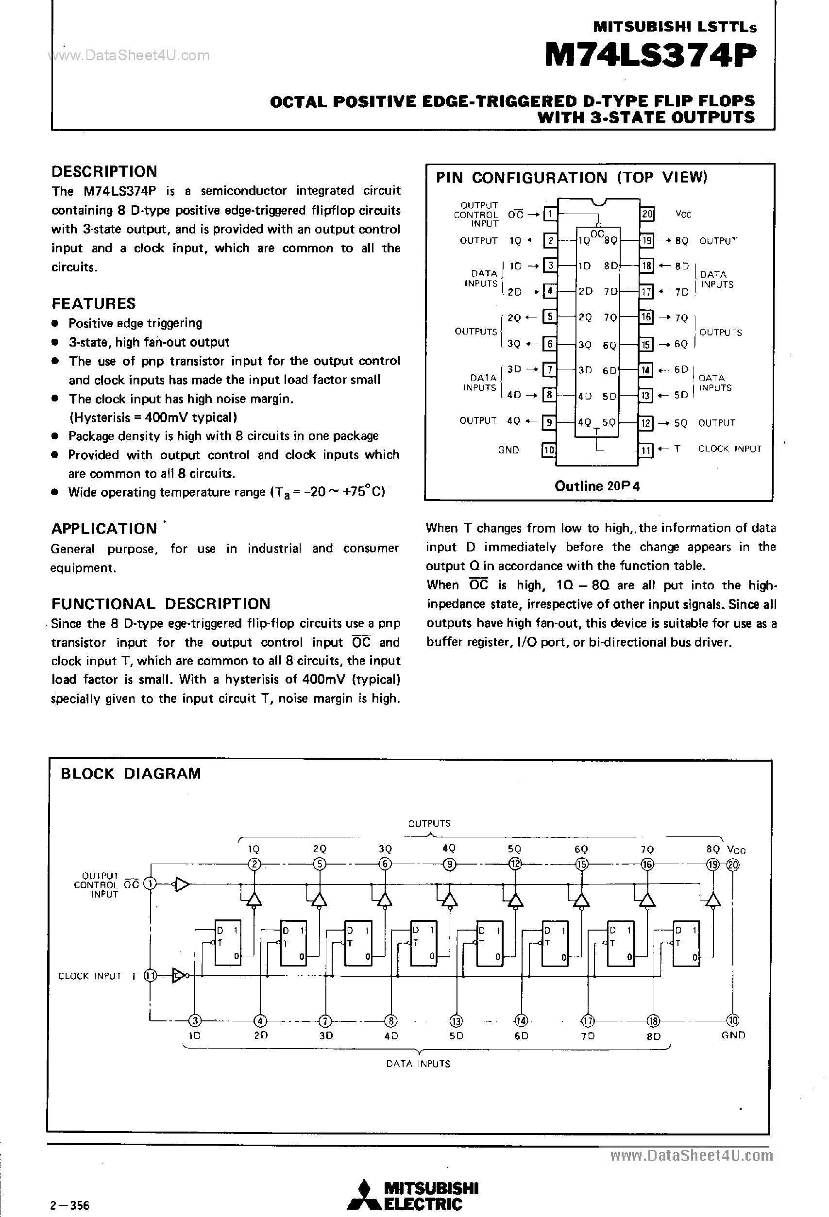 Datasheet M74LS374P page 1 Datasheet M74LS374P - Octal Positive Edge-Triggered D-Type Flip FLops page 1