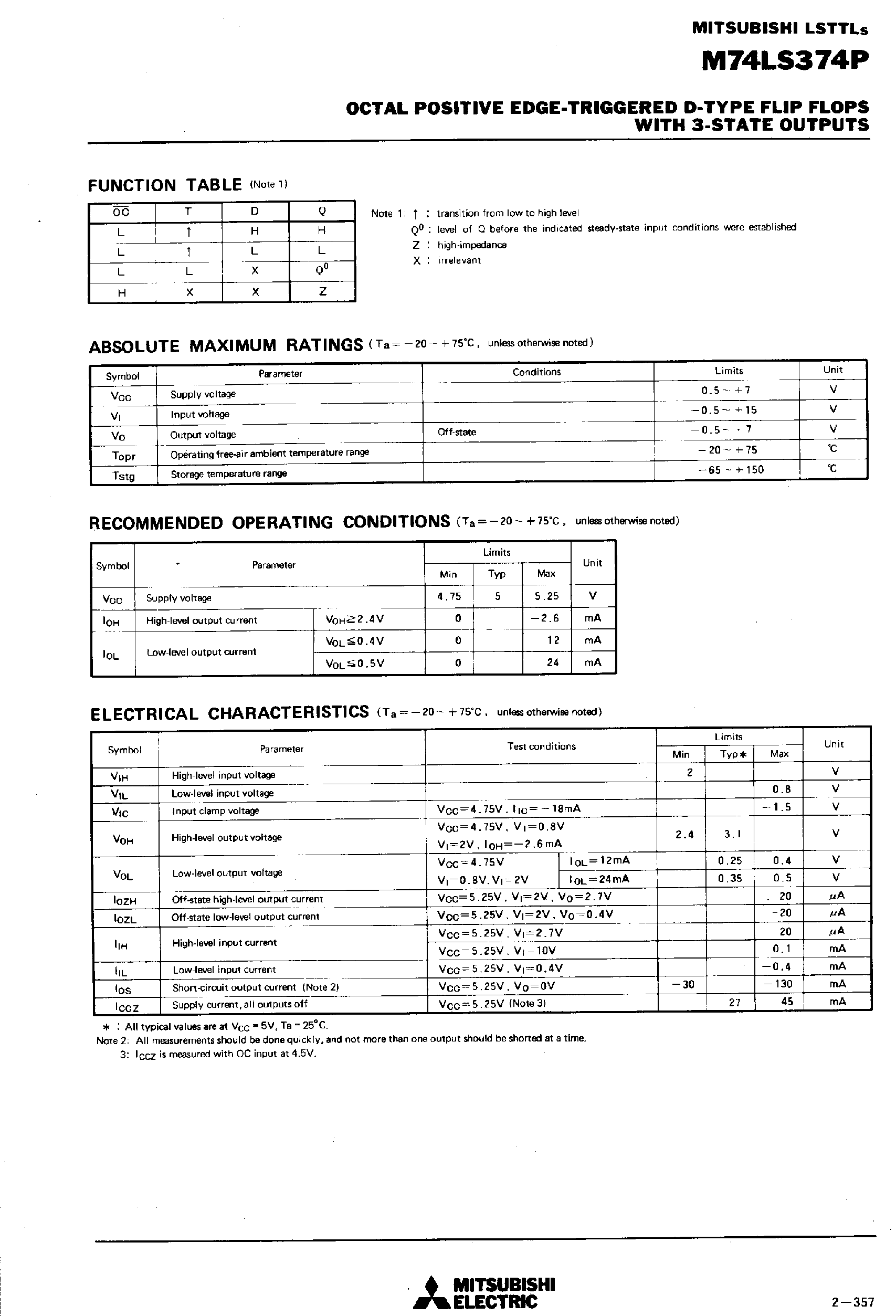Datasheet M74LS374P page 2 Datasheet M74LS374P - Octal Positive Edge-Triggered D-Type Flip FLops page 2