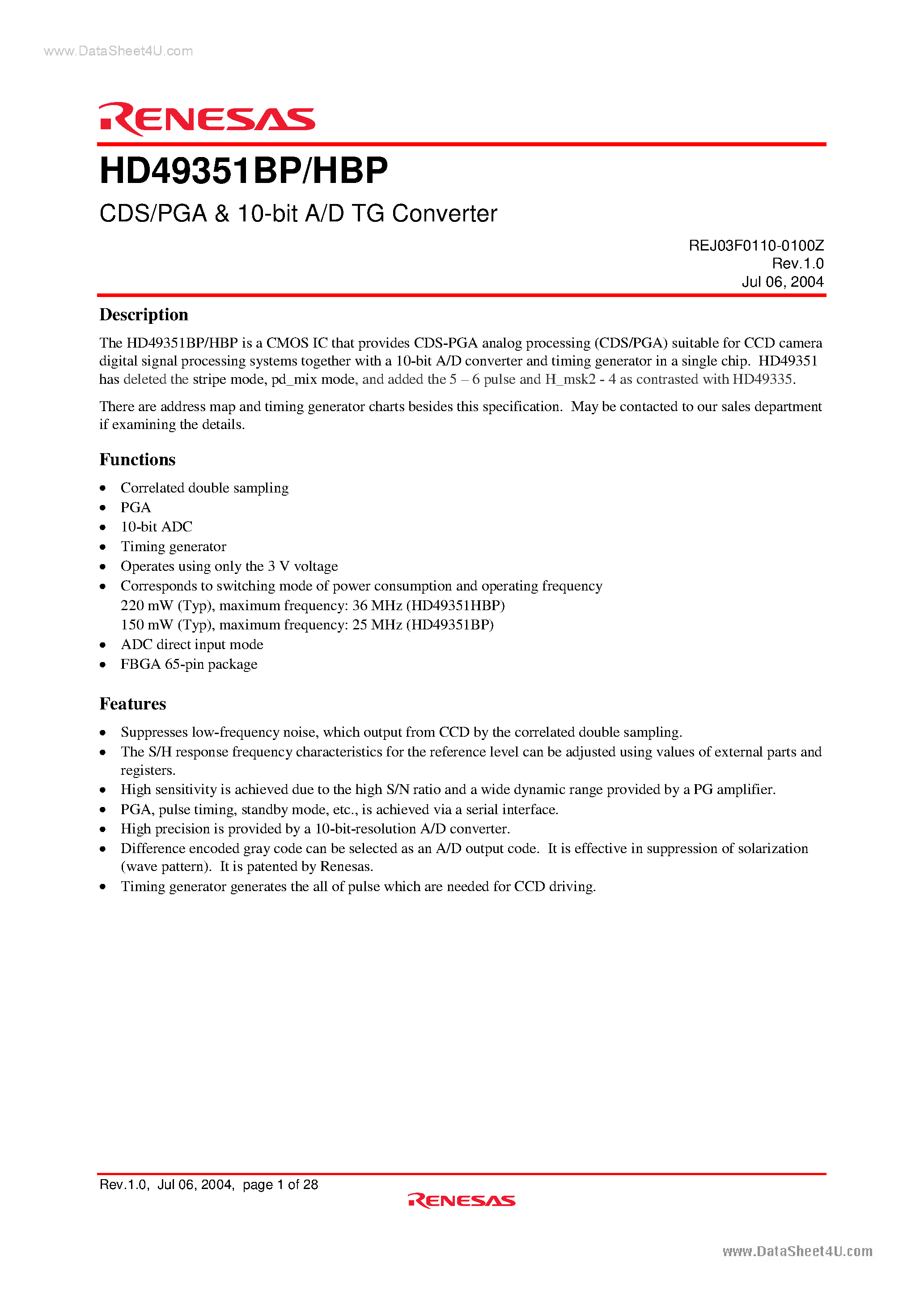 Datasheet HD49351BP - CDS/PGA & 10-bit A/D TG Converter page 1