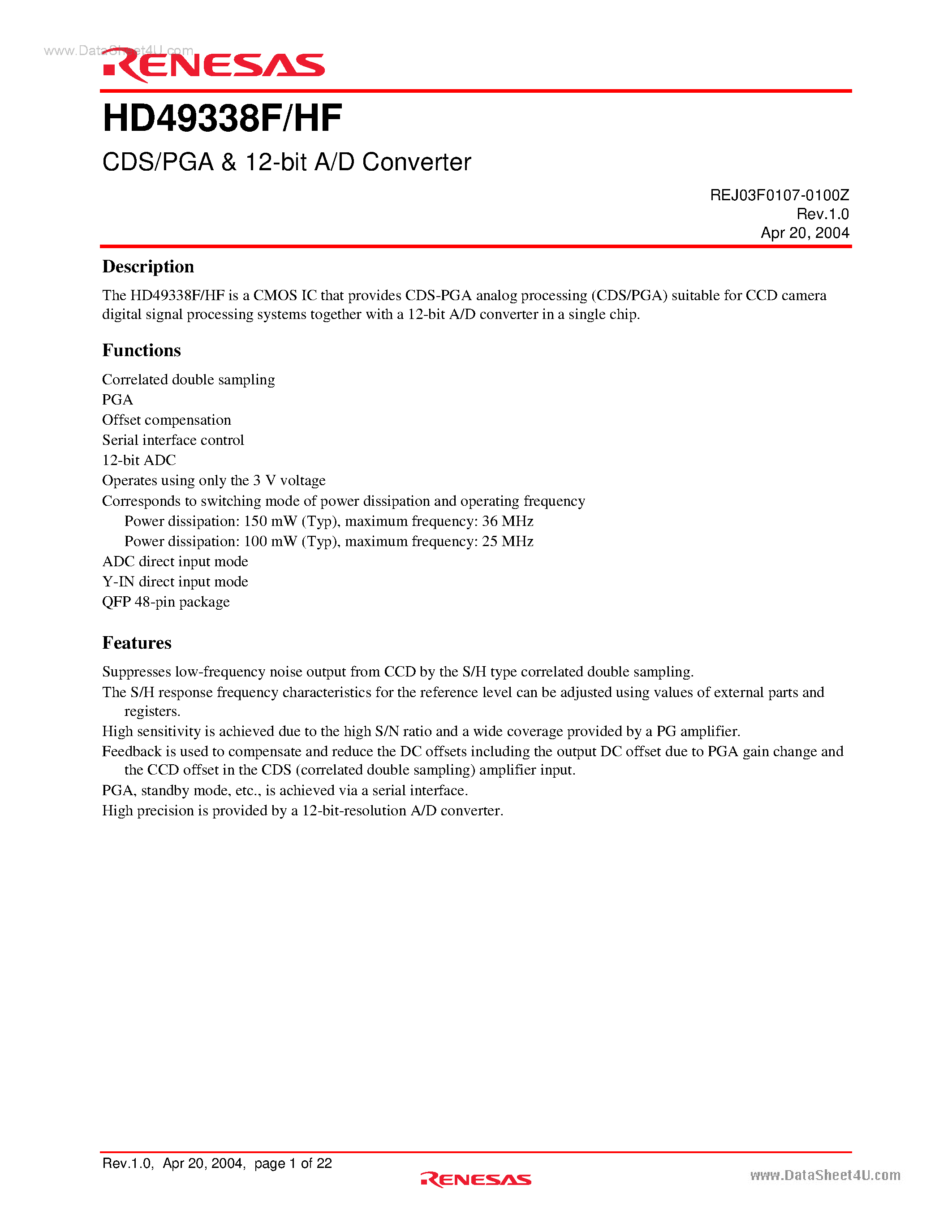Datasheet HD49338F - CDS/PGA & 12-bit A/D Converter page 1