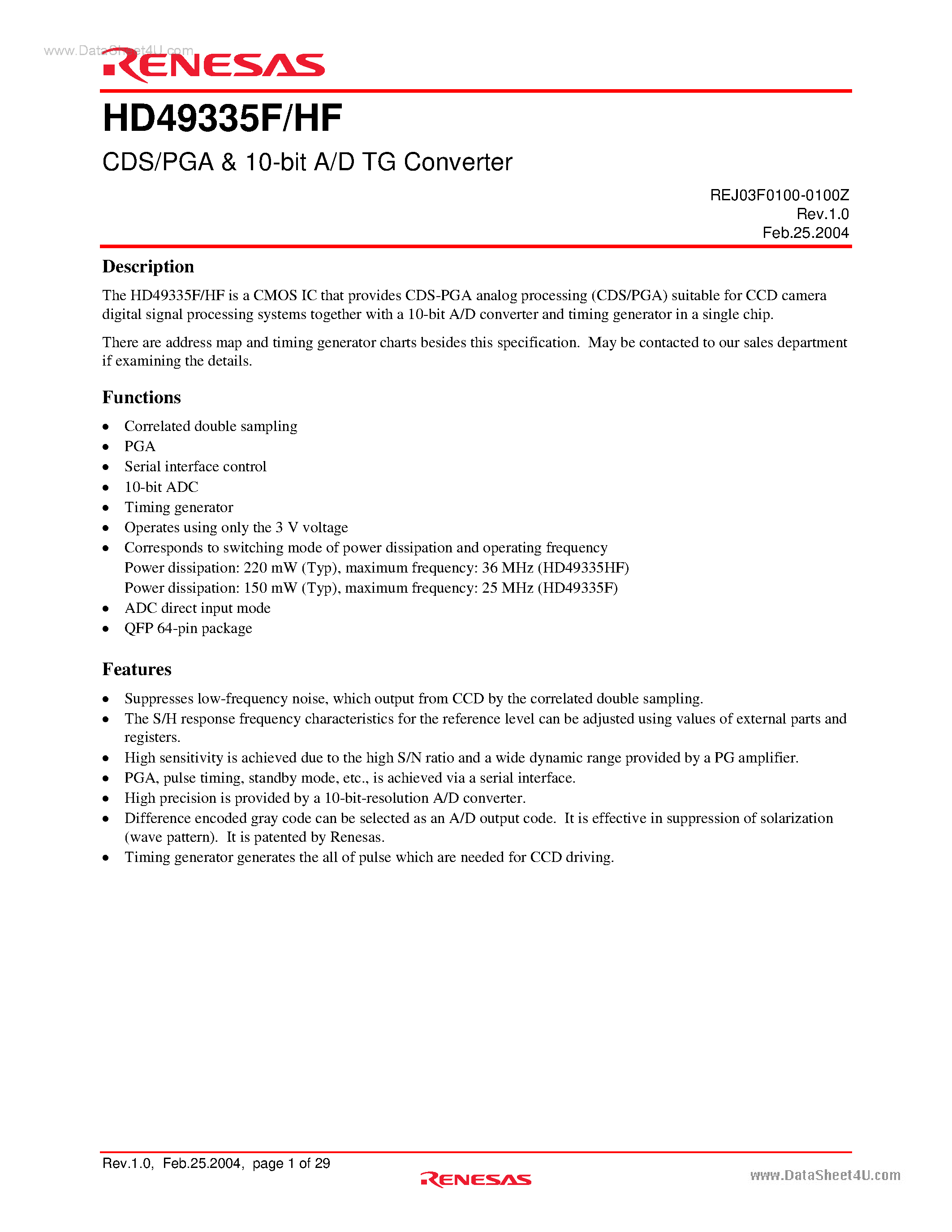 Datasheet HD49335F - CDS/PGA AND 10-bit A/D TG Converter page 1