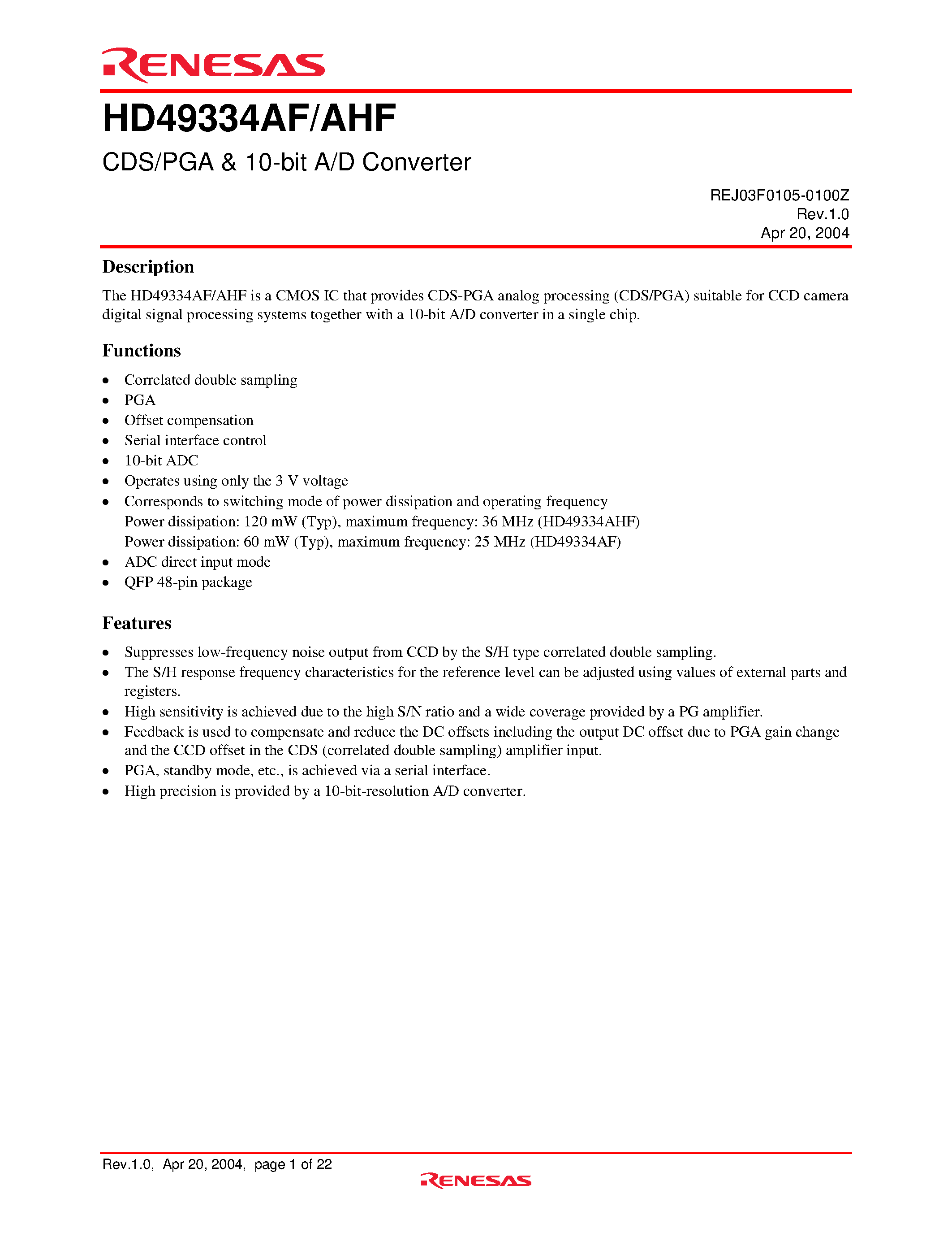 Datasheet HD49334A - CDS/PGA & 10-bit A/D Converter page 1