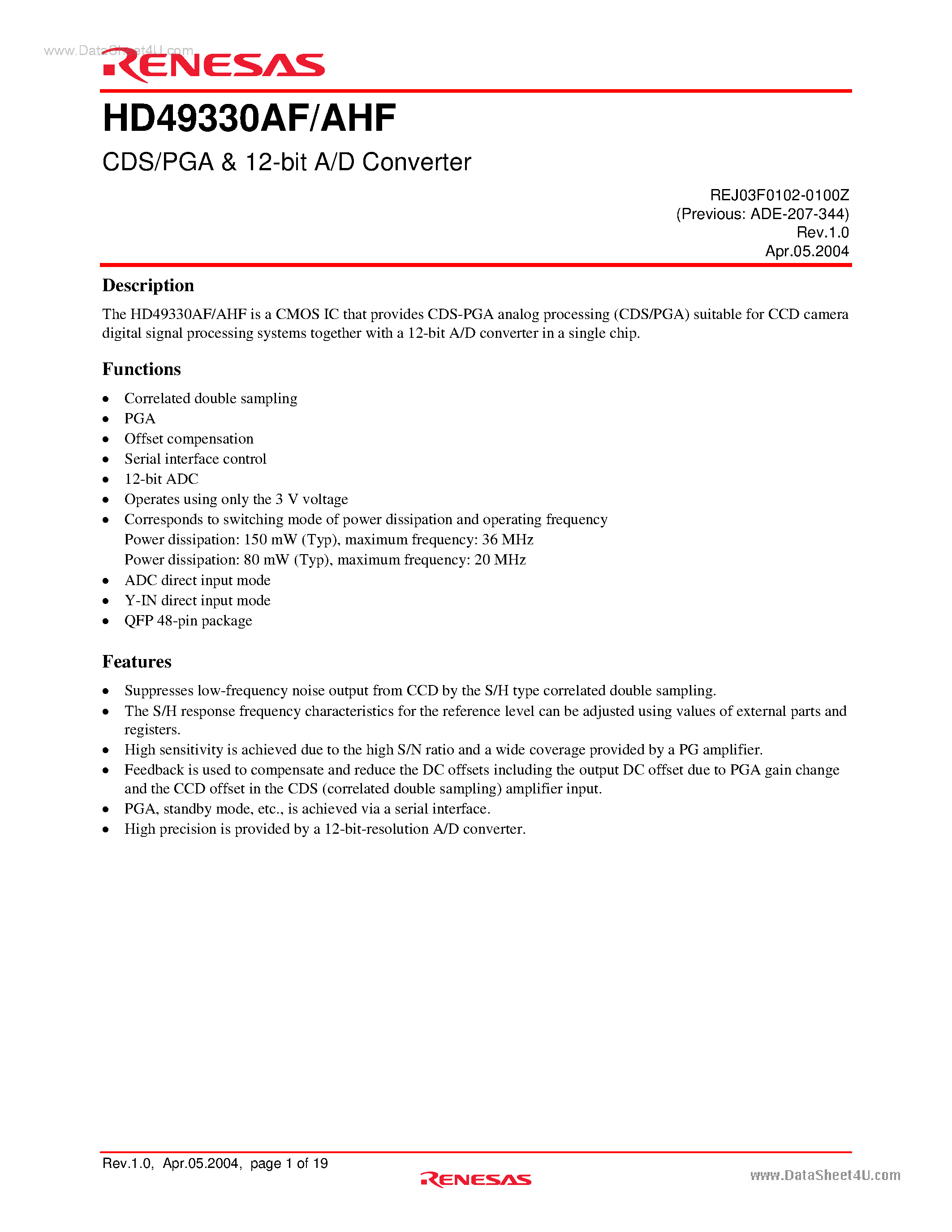 Datasheet HD49330AF page 1 Datasheet HD49330AF - CDS/PGA & 12-bit A/D Converter page 1