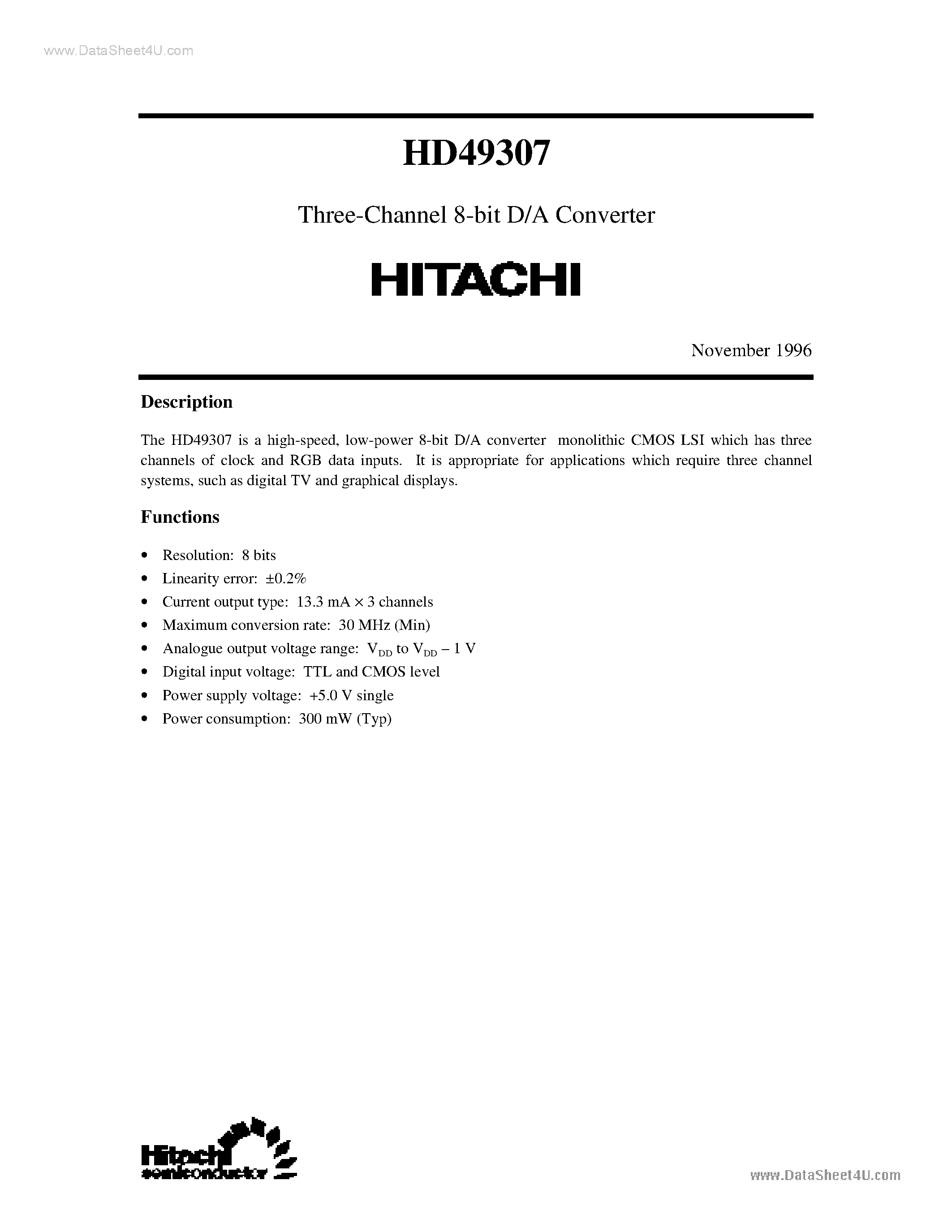 Datasheet HD49307 - Three-Channel 8-bit D/A Converter page 1