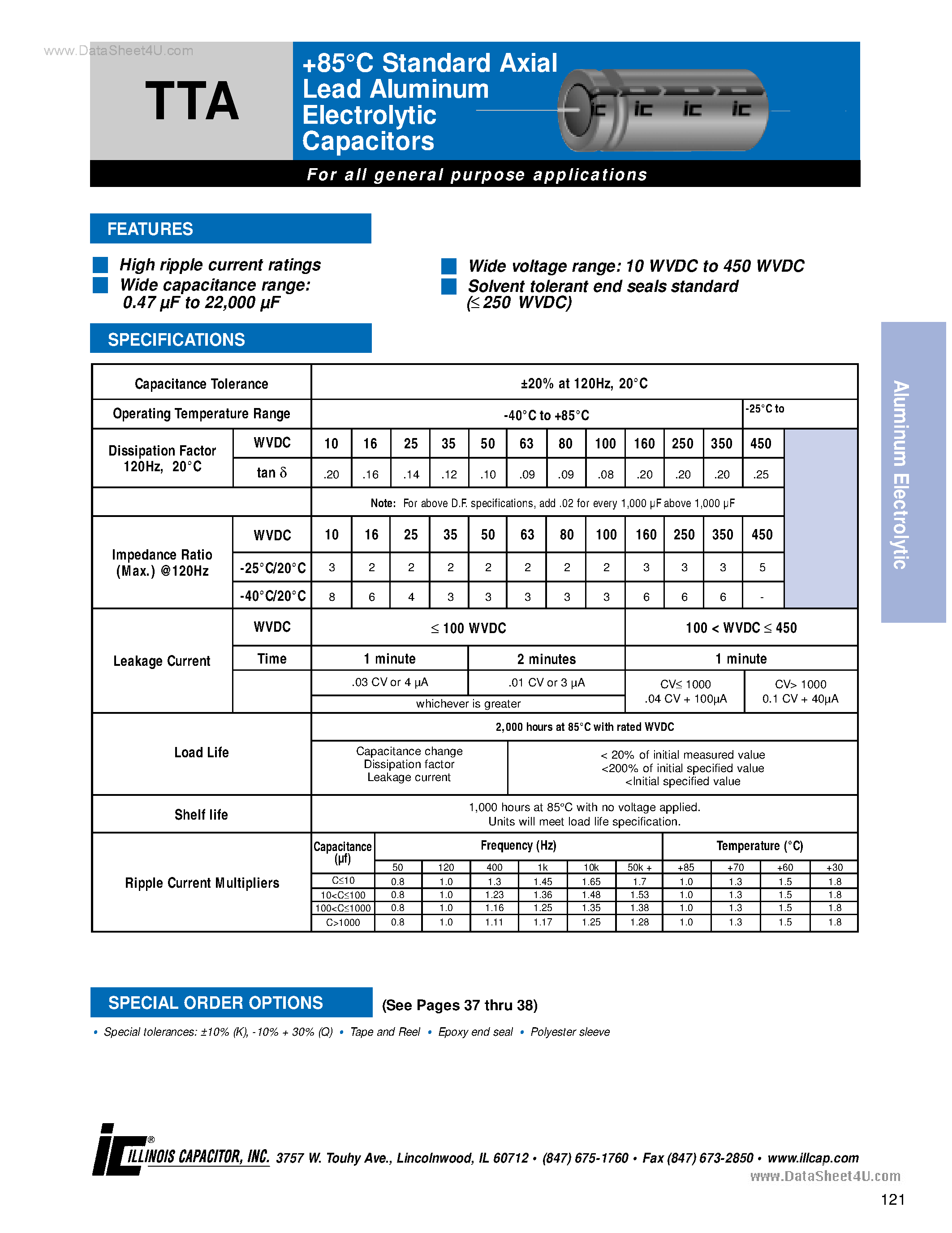 Datasheet 106TTA160M - (TTA Series) Aluminum Electrolytic Capacitors page 1