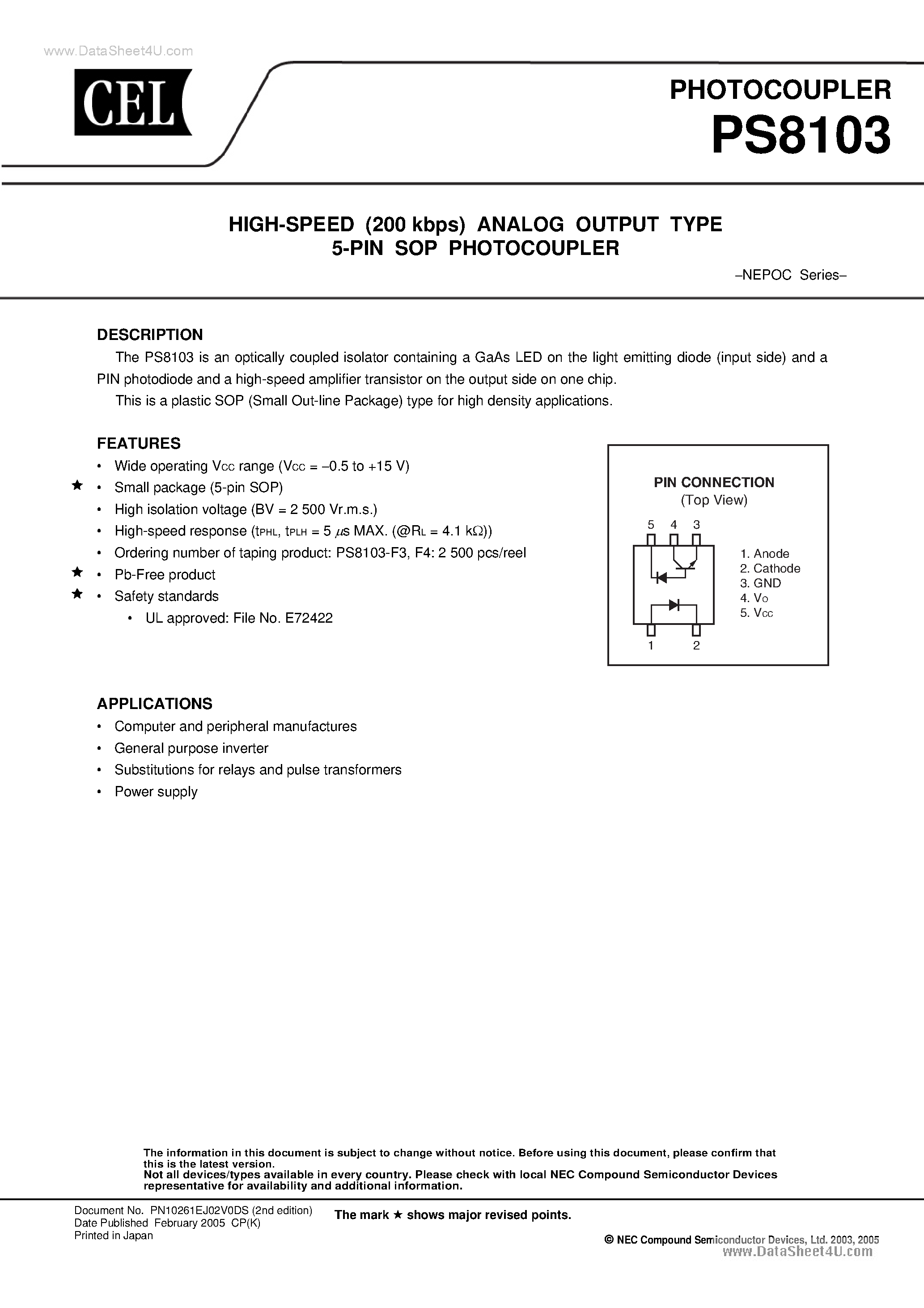 Datasheet PS8103 - HIGH-SPEED (200 kbps) ANALOG OUTPUT TYPE 5-PIN SOP PHOTOCOUPLER page 1