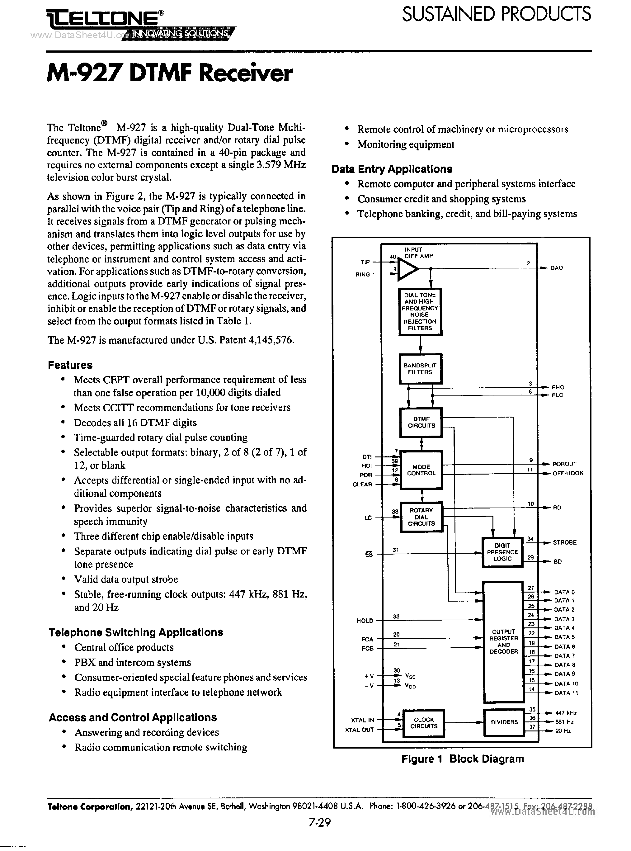 Даташит M-927 - DTMF Receiver страница 1