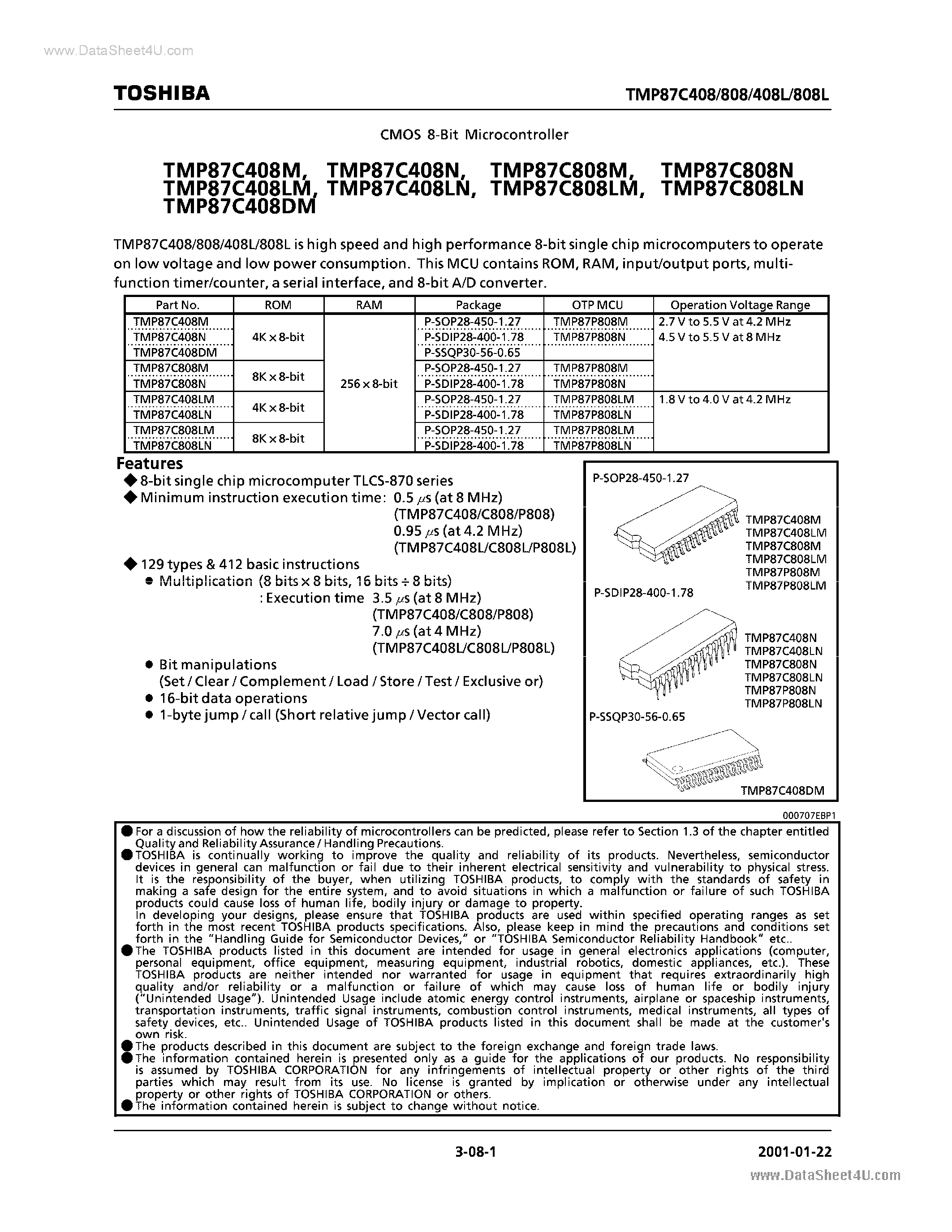Datasheet TMP87C408 - CMOS 8-bit Microcontroller page 1