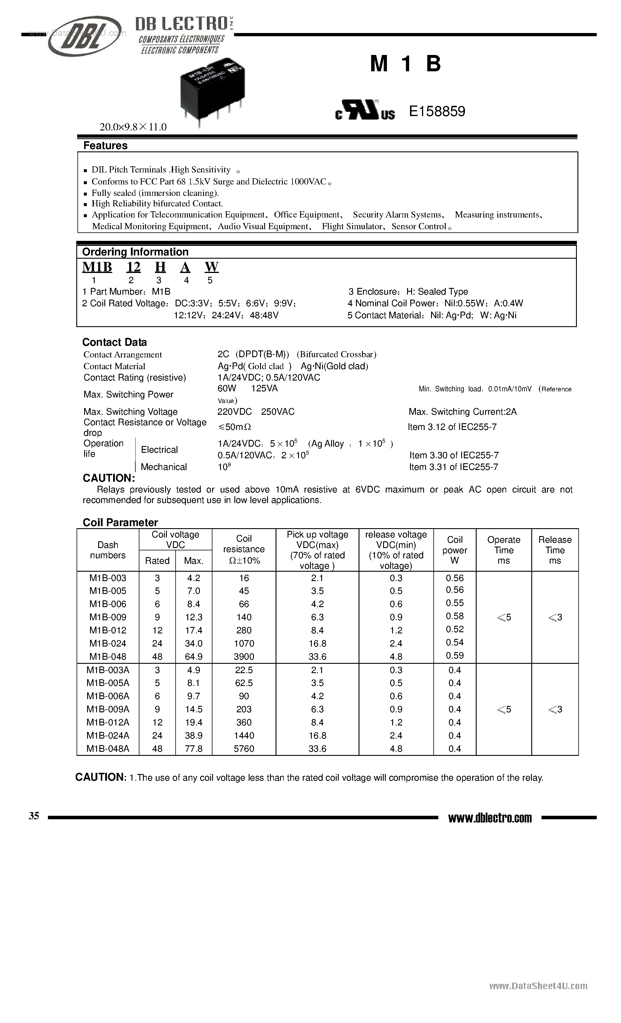 Даташит M1B - DIL Pitch Terminals High Sensitivity Relay страница 1